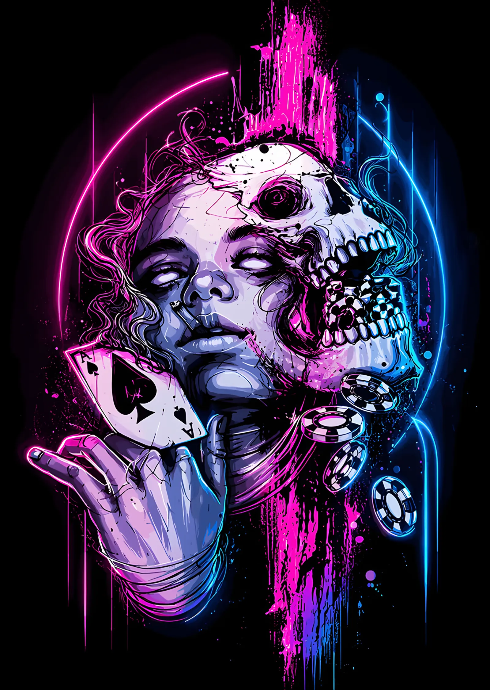 Neon Işıkta Yarı Kafatası Poker Oyuncusu metal tablo