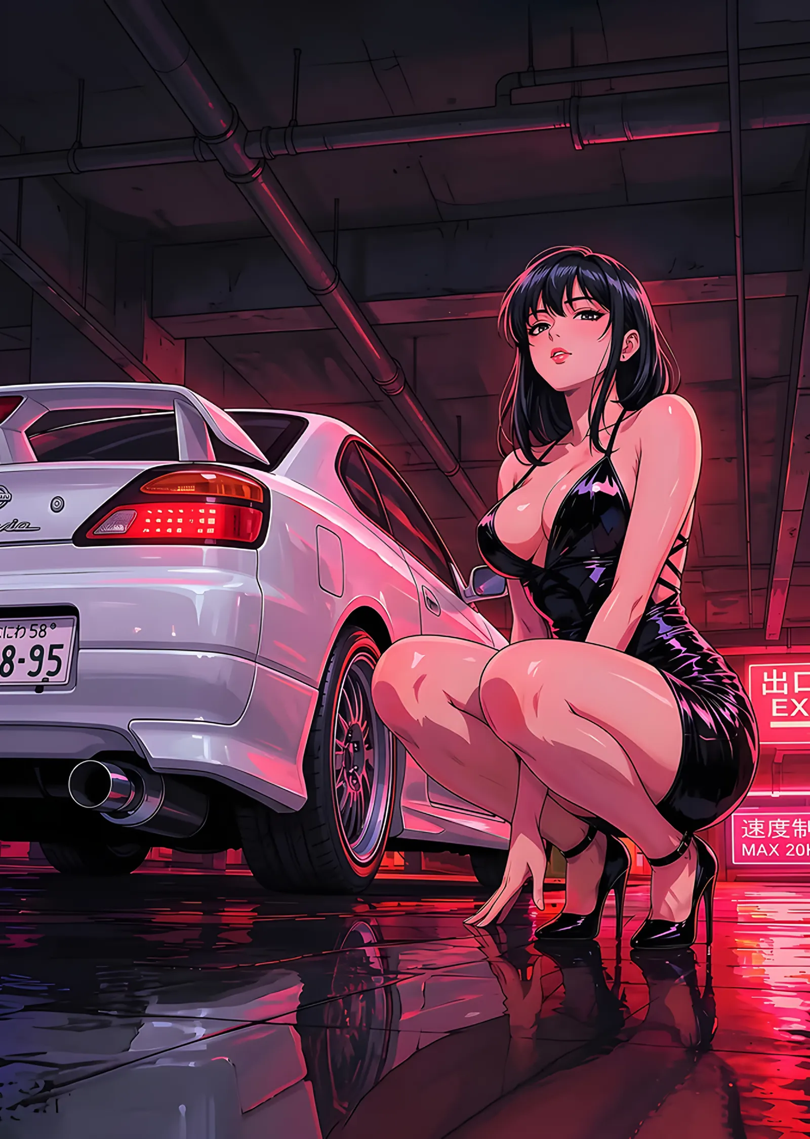 Neon Otoparkta Beyaz Silvia ve Anime Kız metal tablo