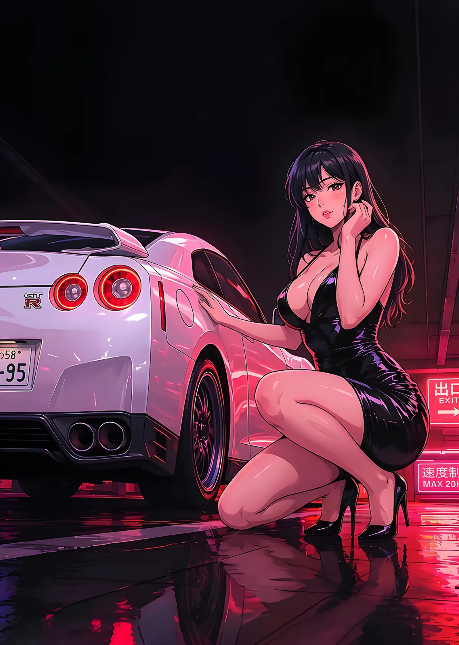 Neon Sokakta Pembe GT-R ve Anime Kız metal tablo