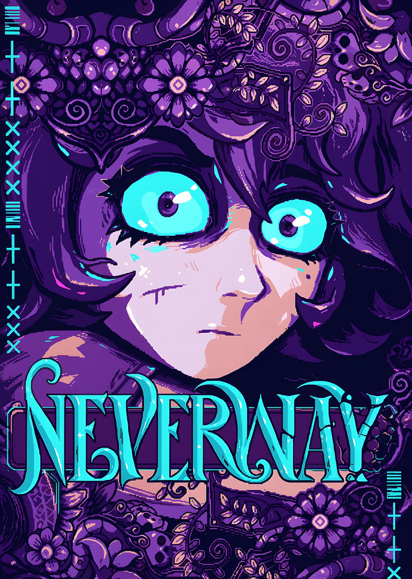 Neverway: Mor Çiçeklerde Turkuaz Gözlü Portre metal tablo