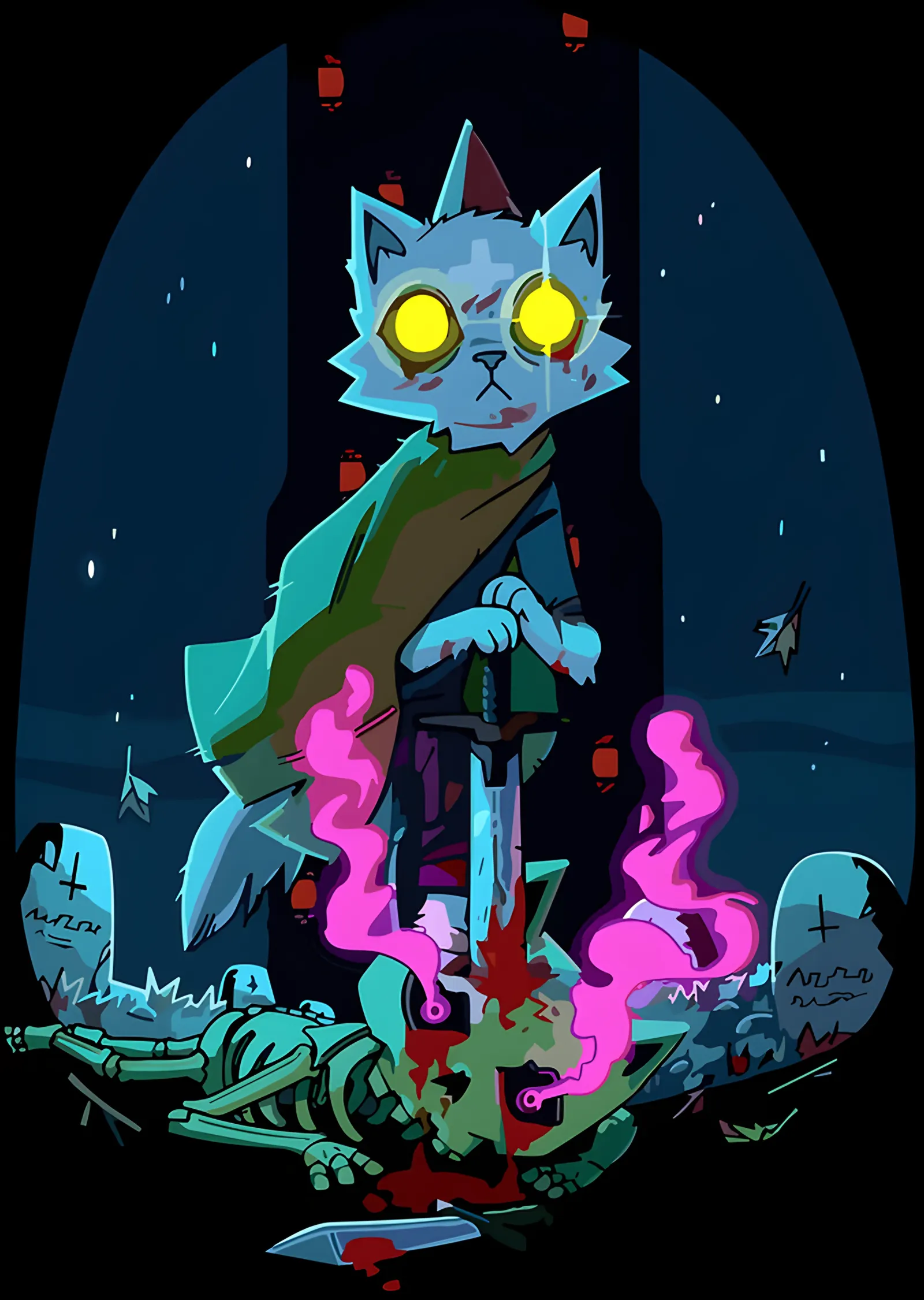 Night in the Woods: Neon Kedi ve Mezarlık metal tablo