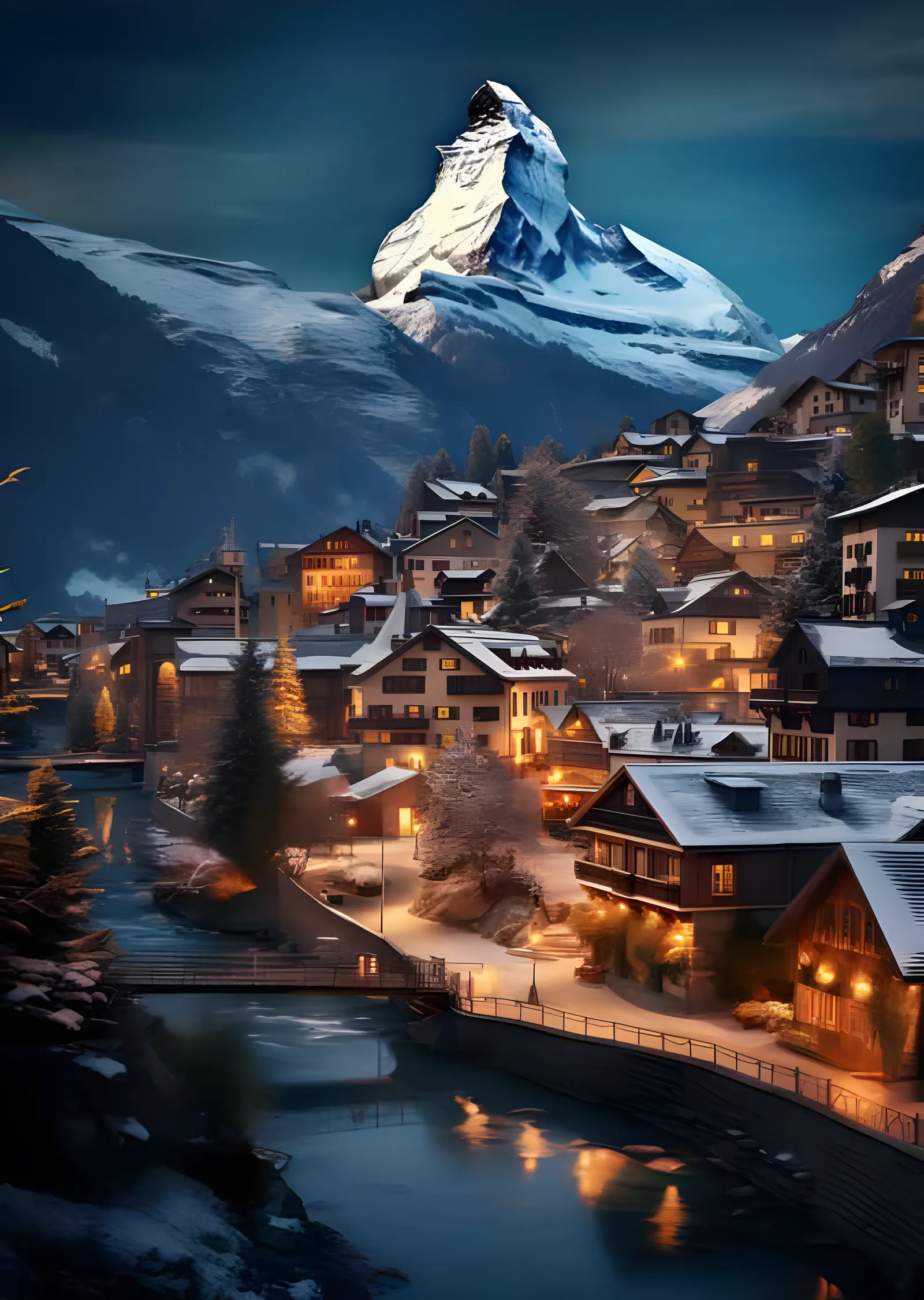 Matterhorn - Kar Altında Alp Köyü Işıkları metal tablo