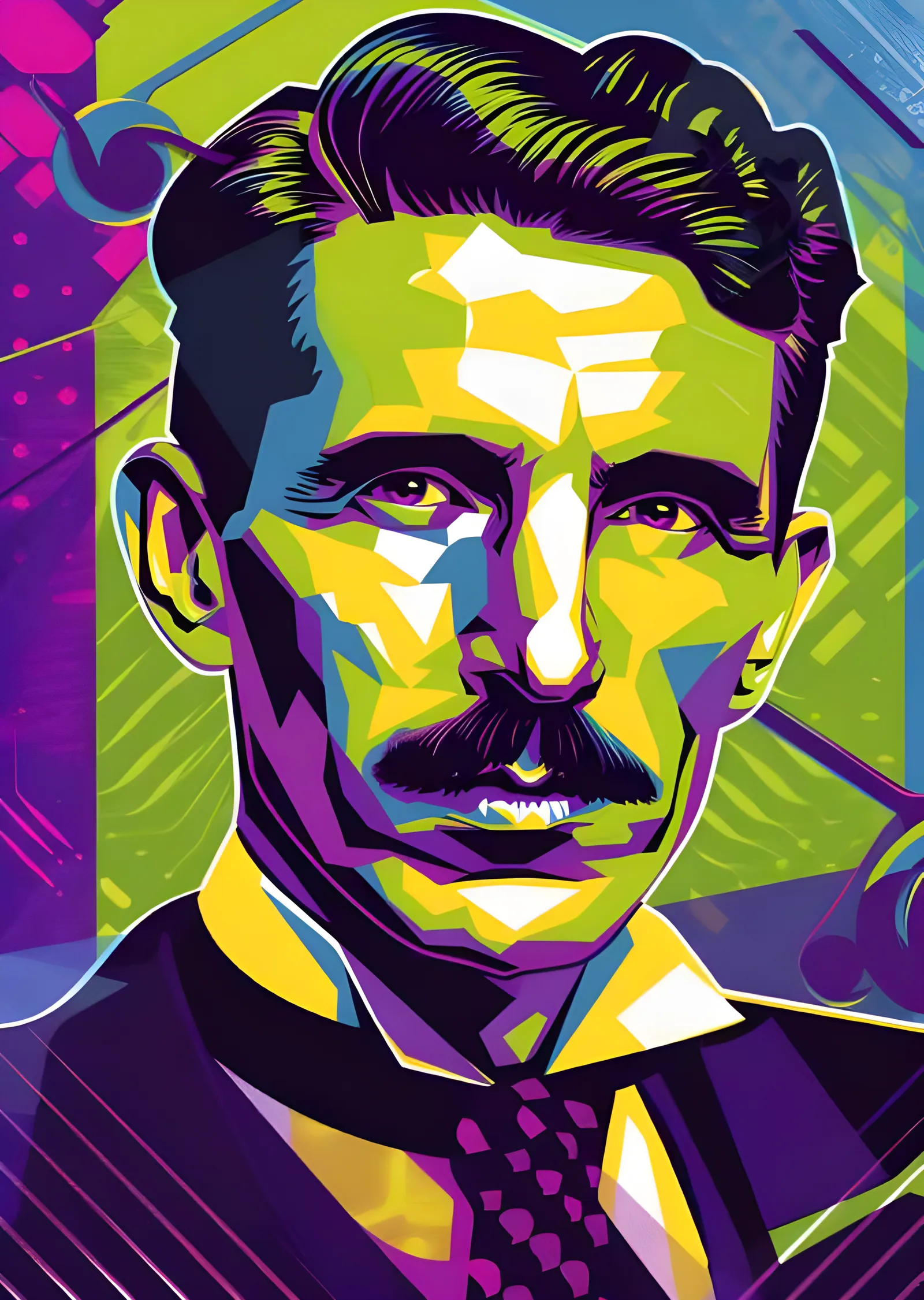 Nikola Tesla - Neon Yeşil Pop Art Yüz metal tablo