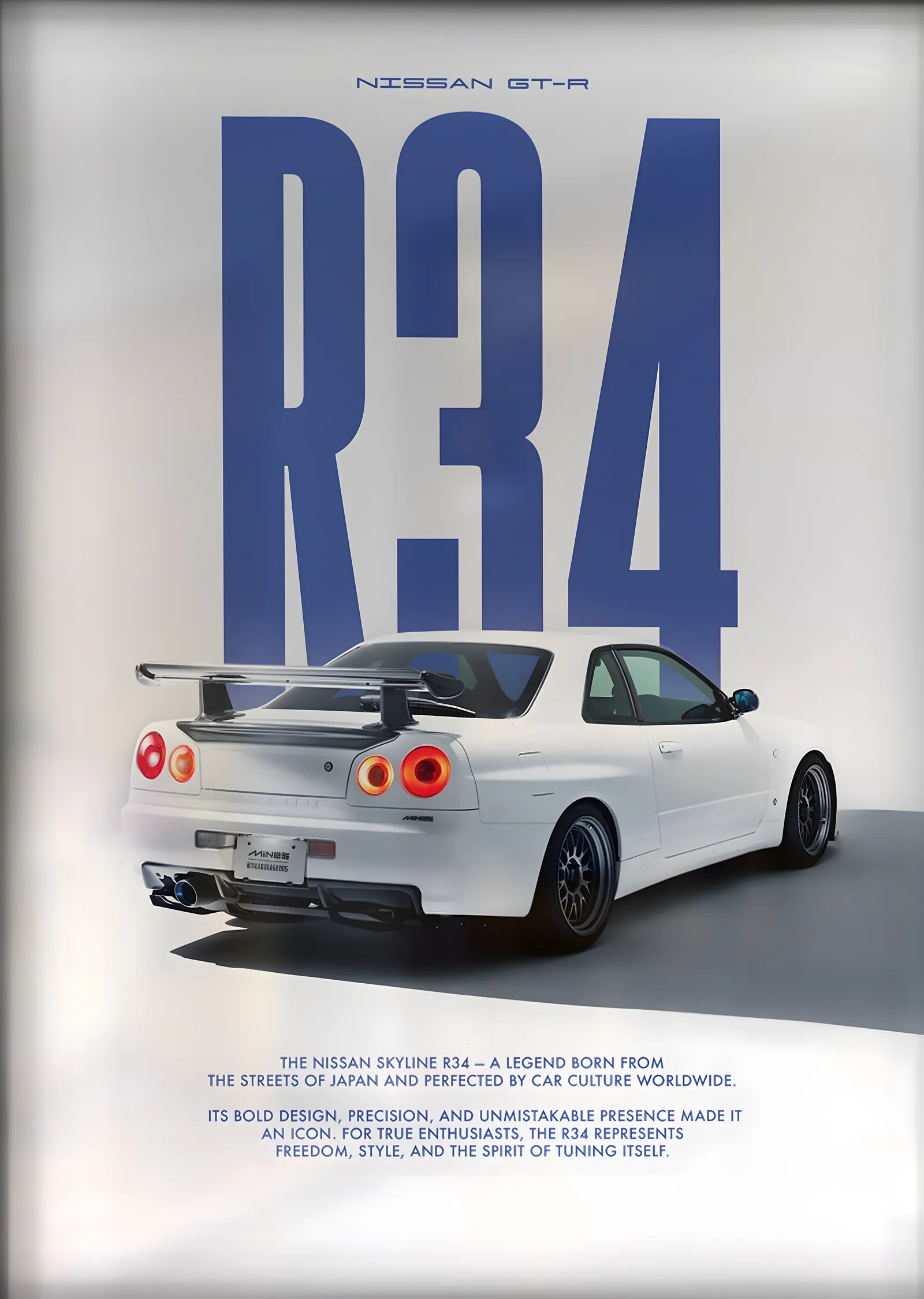 Nissan Skyline GT-R R34 (Beyaz, Arka Görünüm) metal tablo