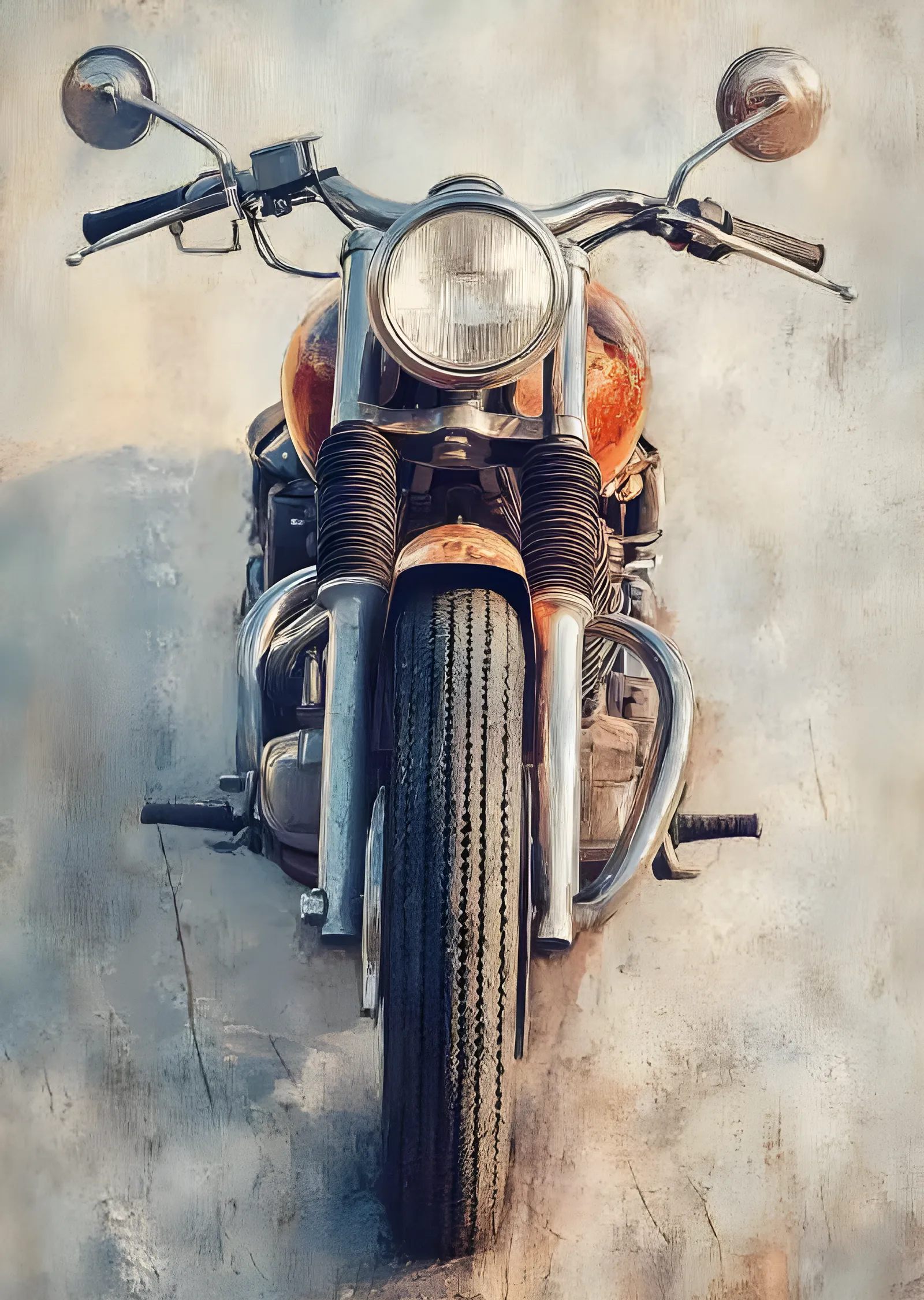 Krom Detaylı Klasik Motosiklet - Yağlıboya metal tablo