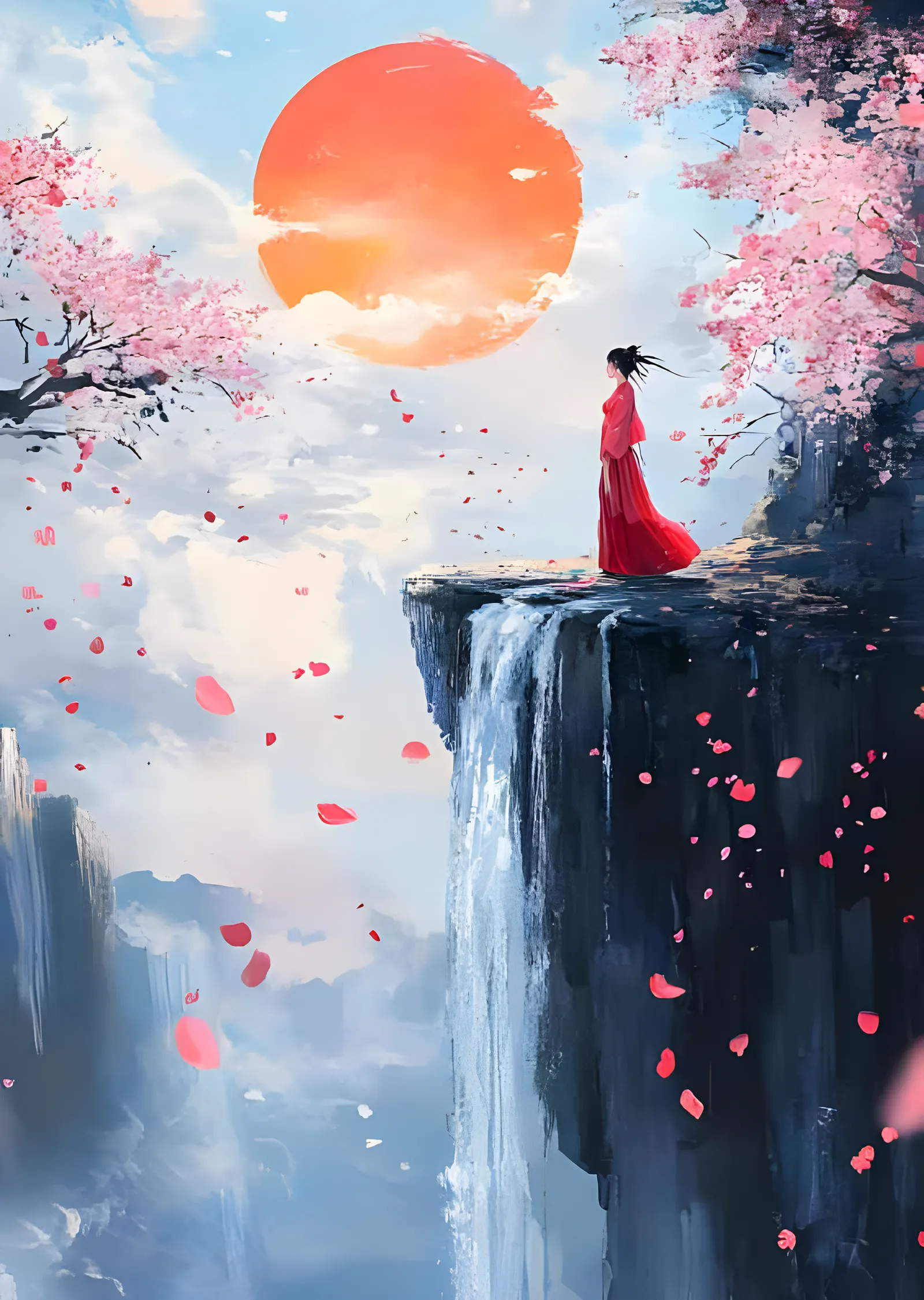 Kızıl Güneş ve Uçuşan Sakura - Uçurumdaki Kadın metal tablo