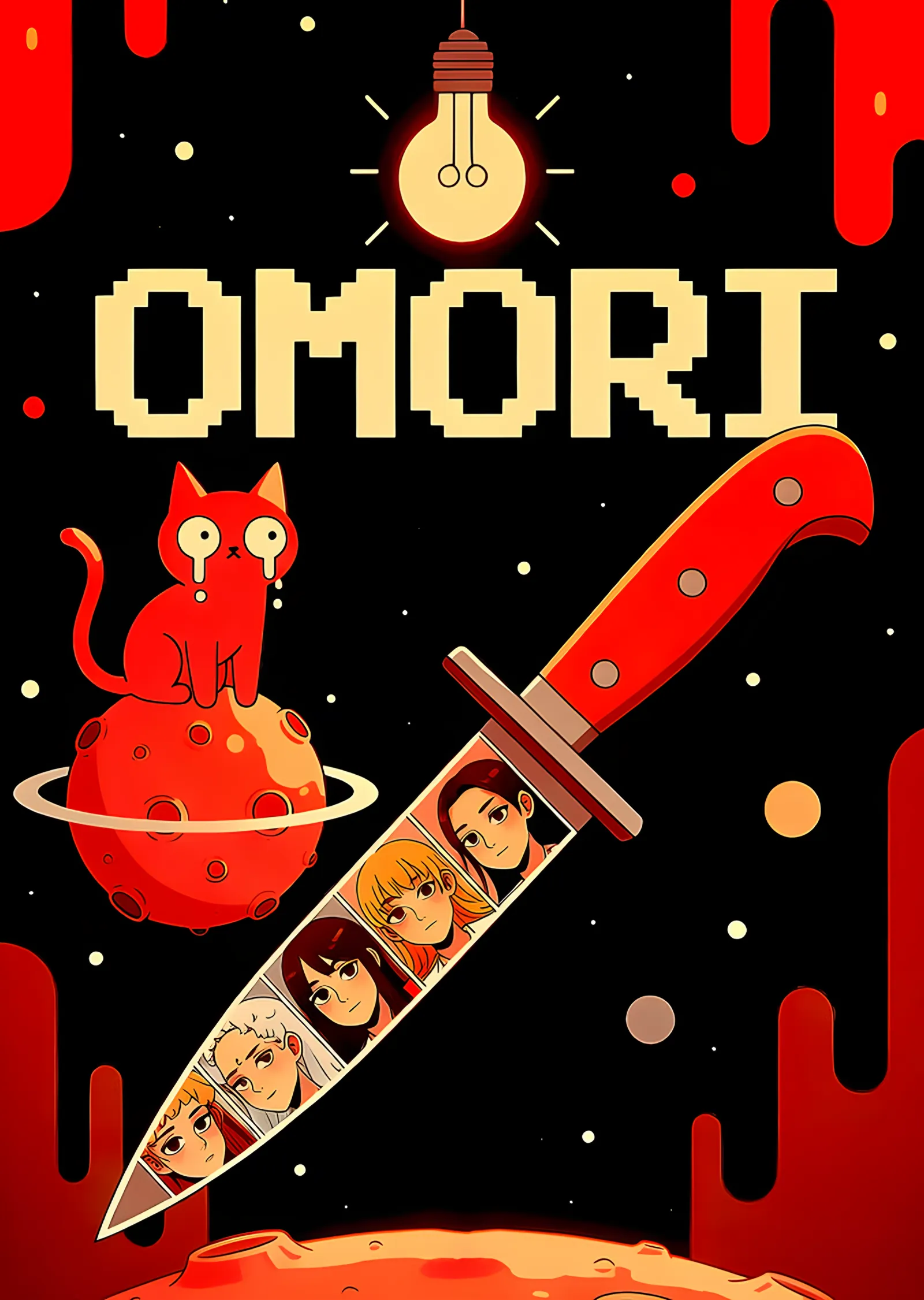 Omori: Kırmızı Zeminde Bıçak ve Kedi metal tablo