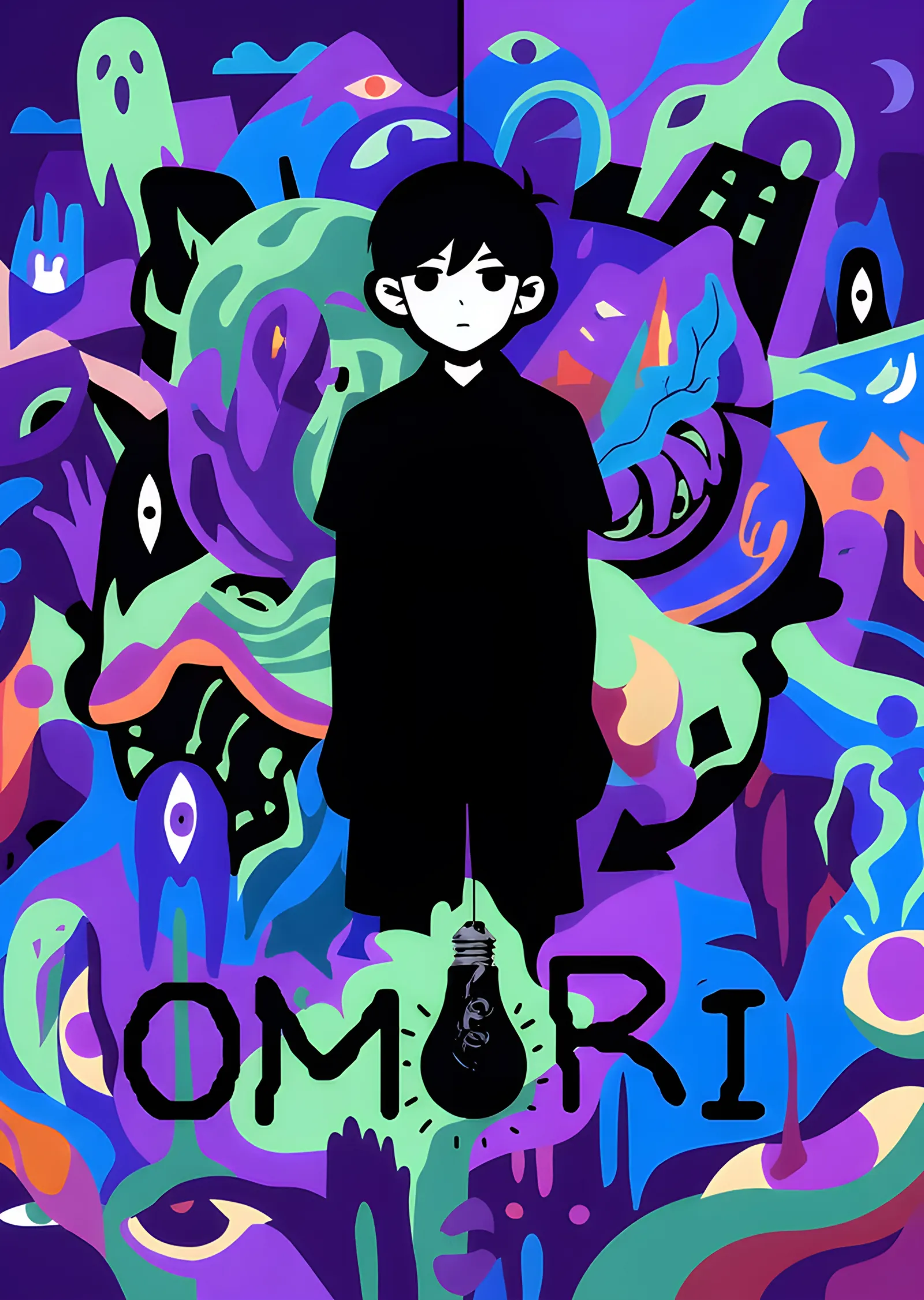 Omori: Renkli Kaosta Siyah Silüet metal tablo