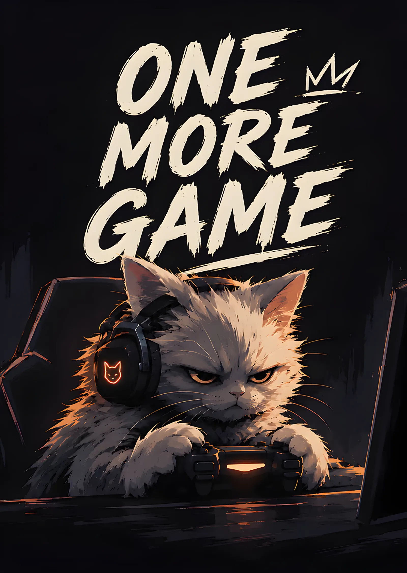 One More Game: Kulaklıklı Somurtkan Kedi metal tablo