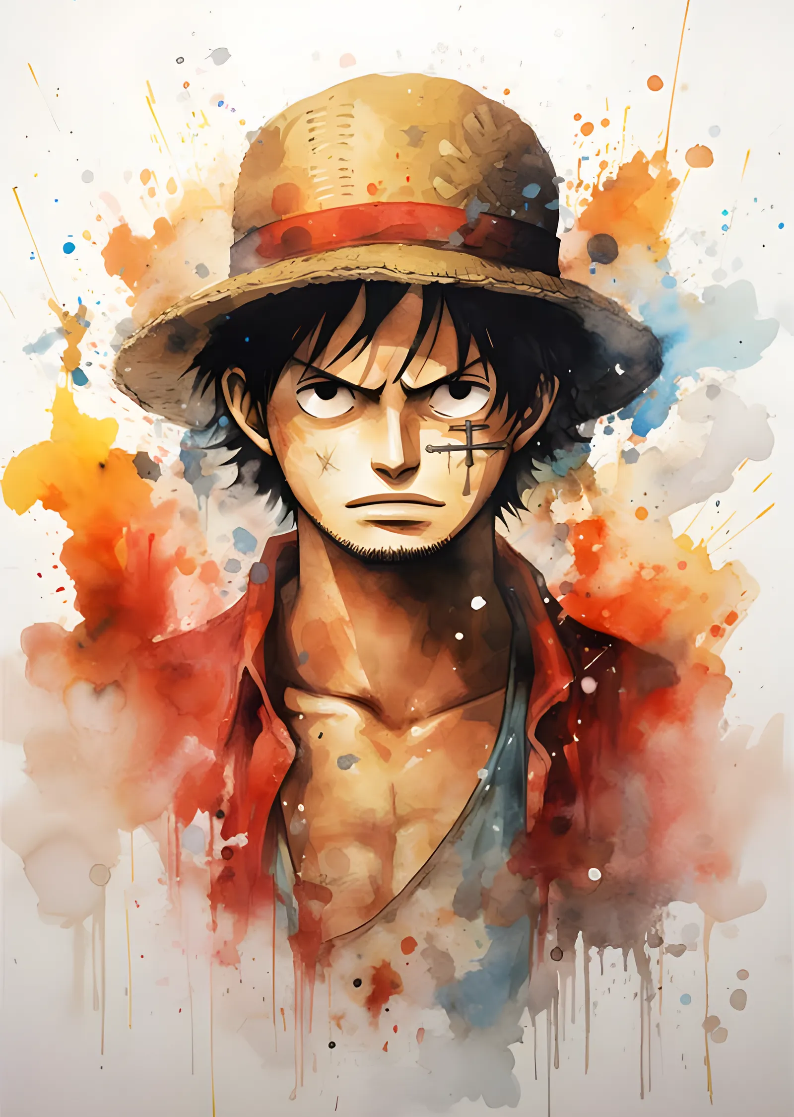 One Piece - Luffy Öfkeli Bakış Suluboya metal tablo