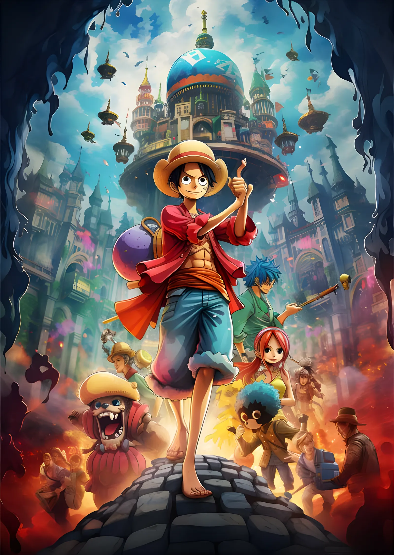 One Piece - Luffy ve Renkli Şehir Sahnesi metal tablo