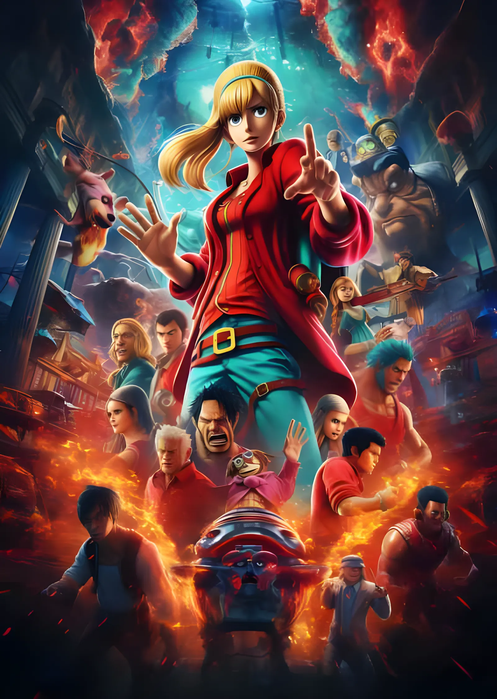 One Piece - Alevler İçinde Karakter Panosu metal tablo