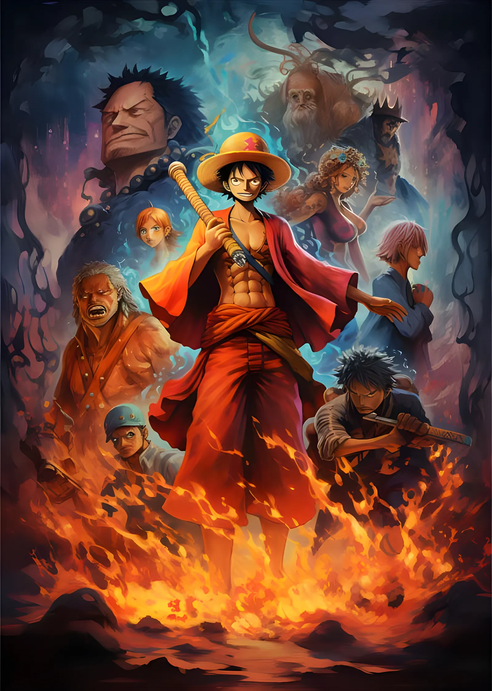 One Piece - Luffy ve Mürettebat Alev Sahnesi metal tablo