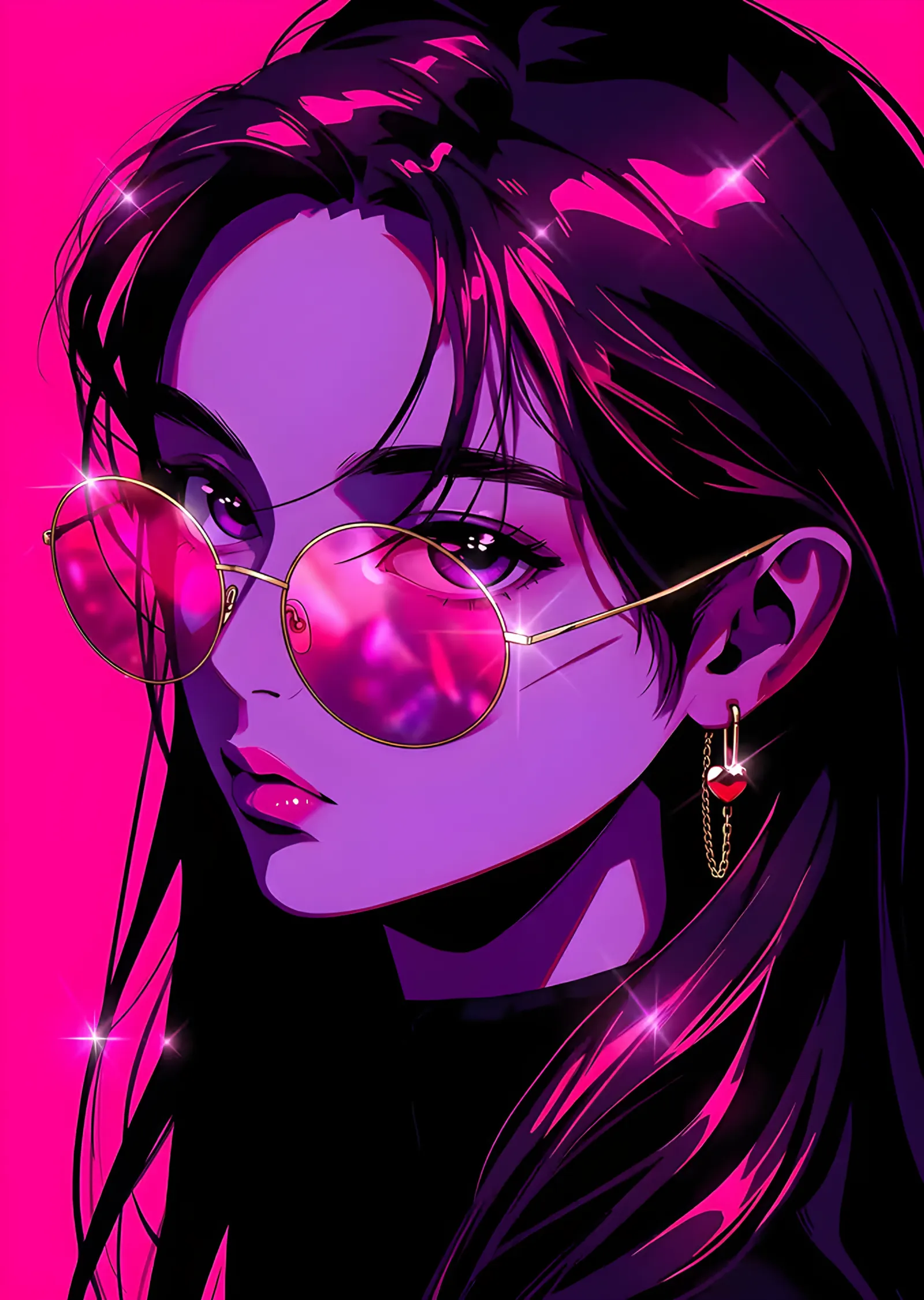 Pembe Neonda Gözlüklü Anime Kız metal tablo