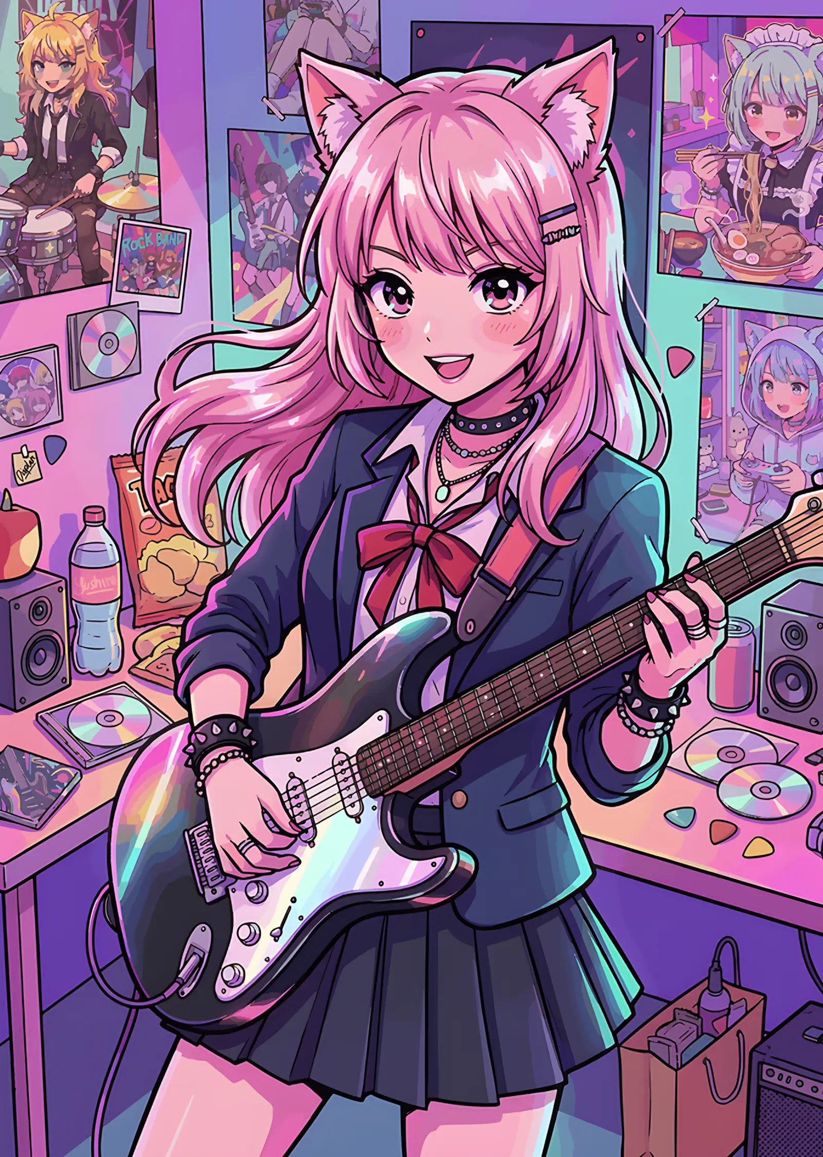 Pembe Saçlı Kedi Kız ve Elektro Gitar metal tablo