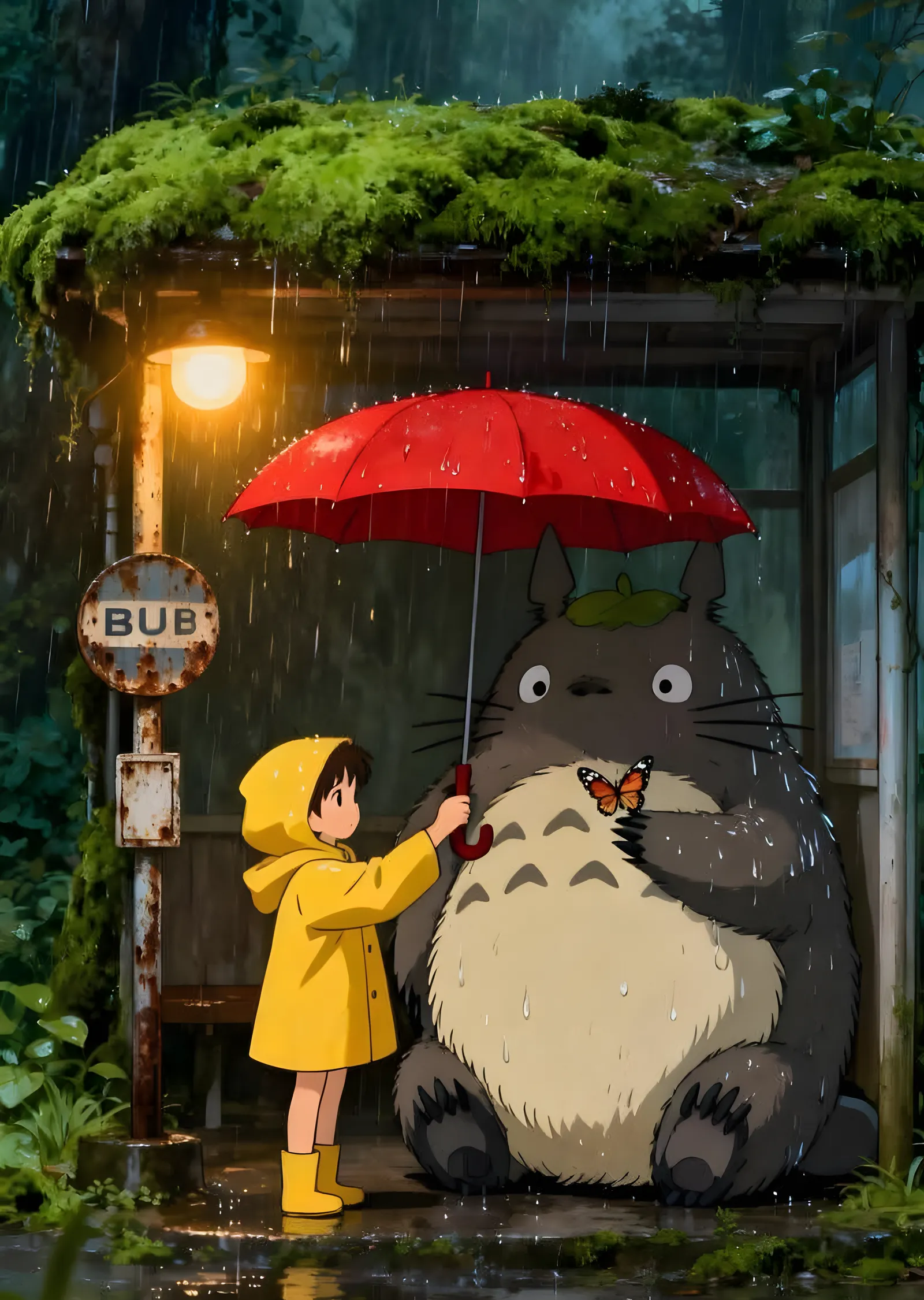 Totoro Yağmurda Otobüs Durağında metal tablo
