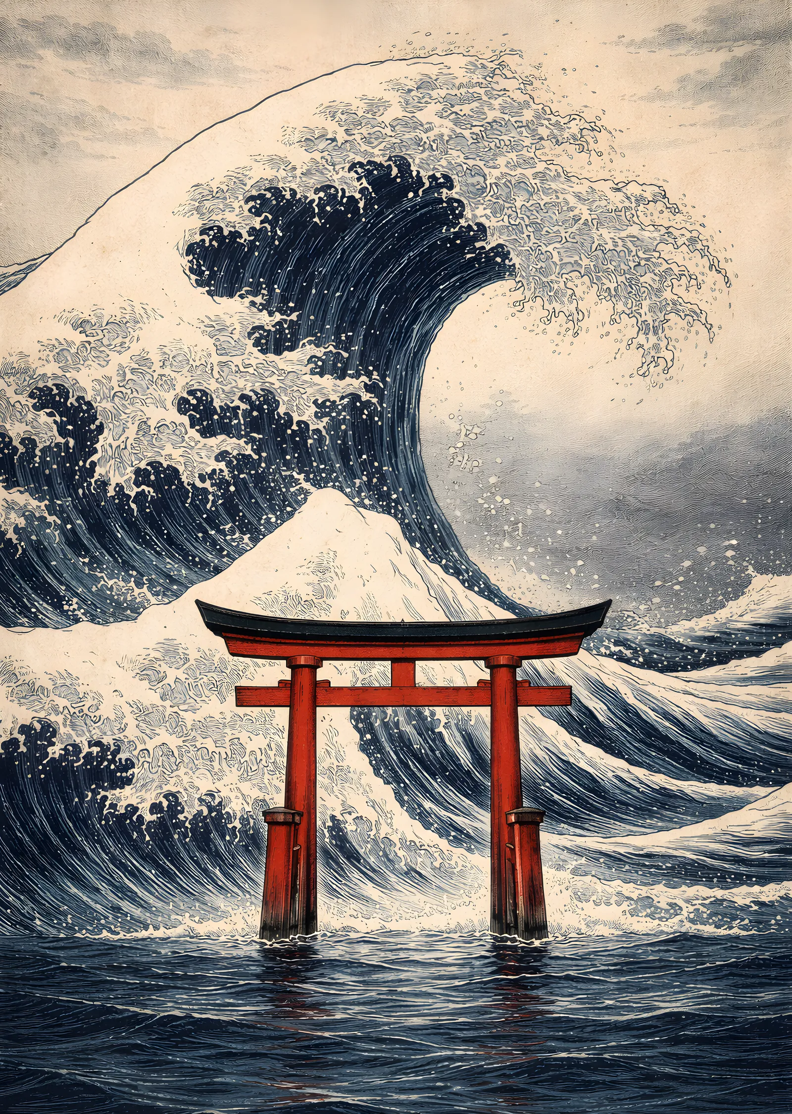 Büyük Dalga ve Torii metal tablo