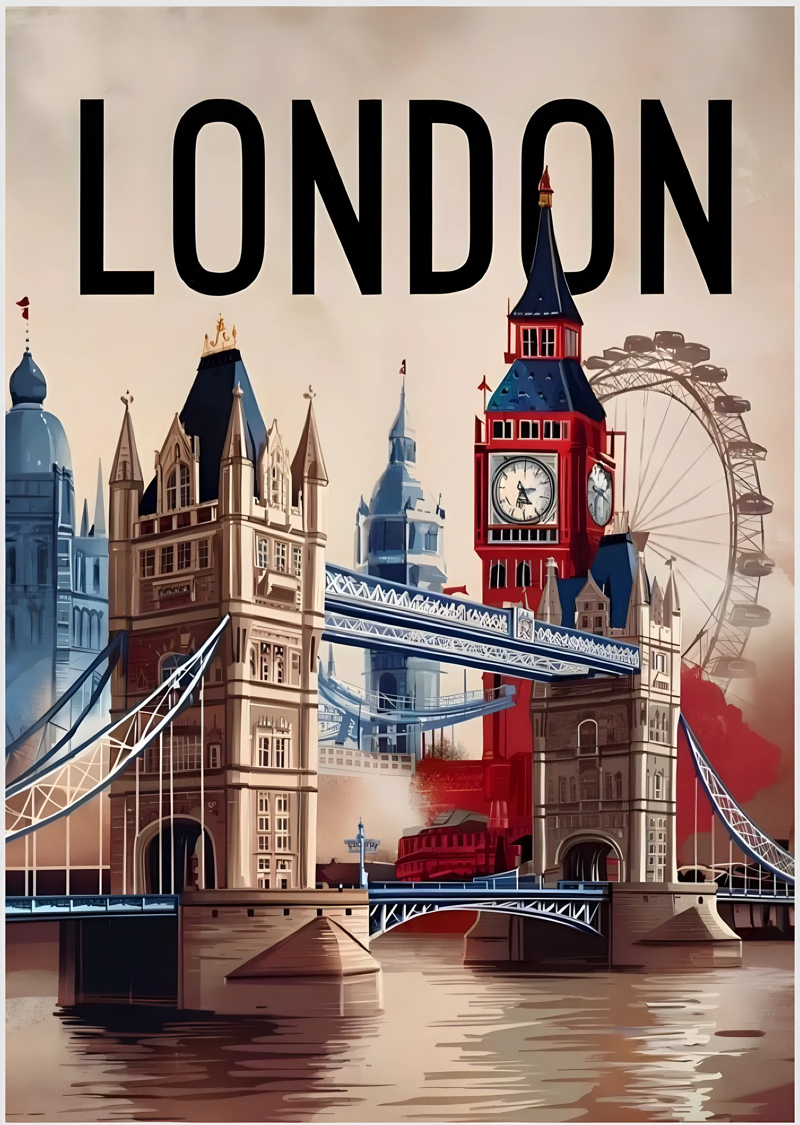 London Tower Bridge ve Ferris Wheel metal tablo