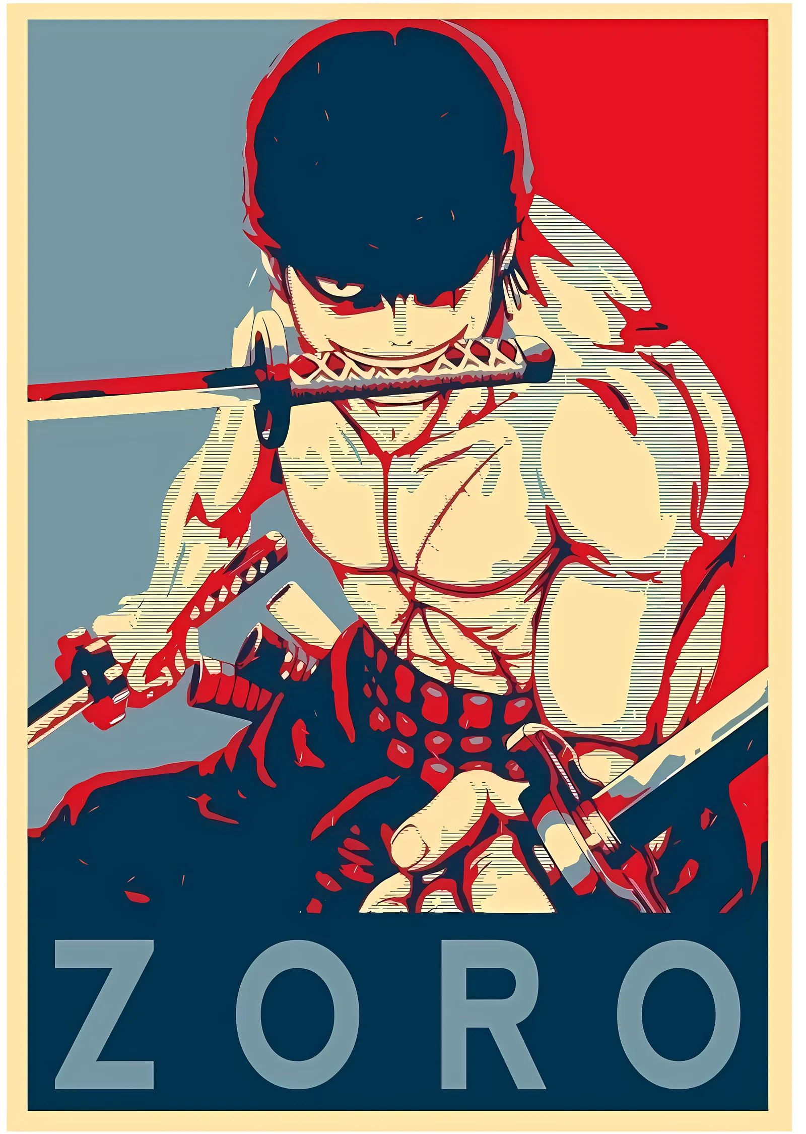 Roronoa Zoro: Kırmızı Mavi İki Tonlu Çizim metal tablo
