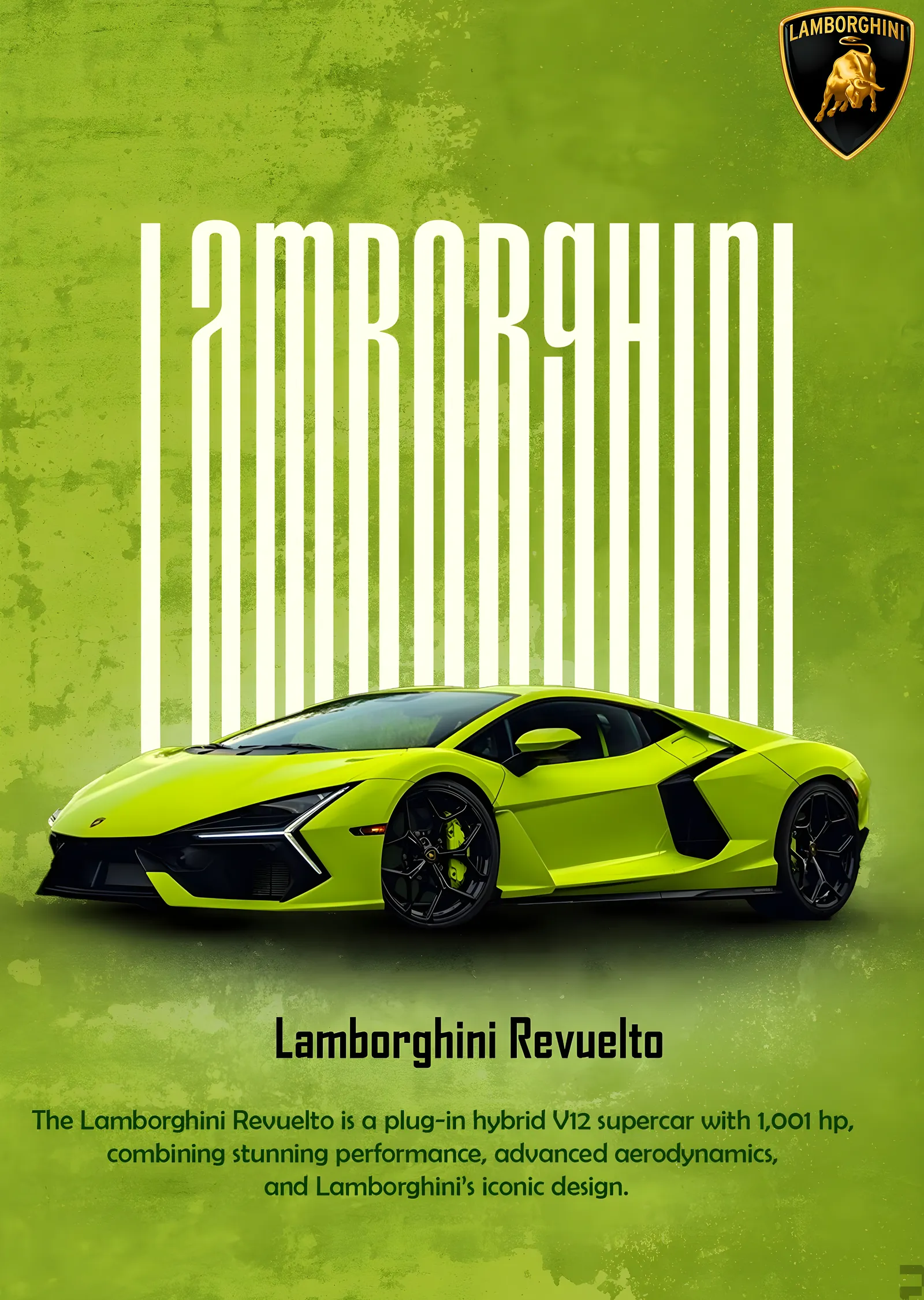 Yeşil Lamborghini Revuelto metal tablo