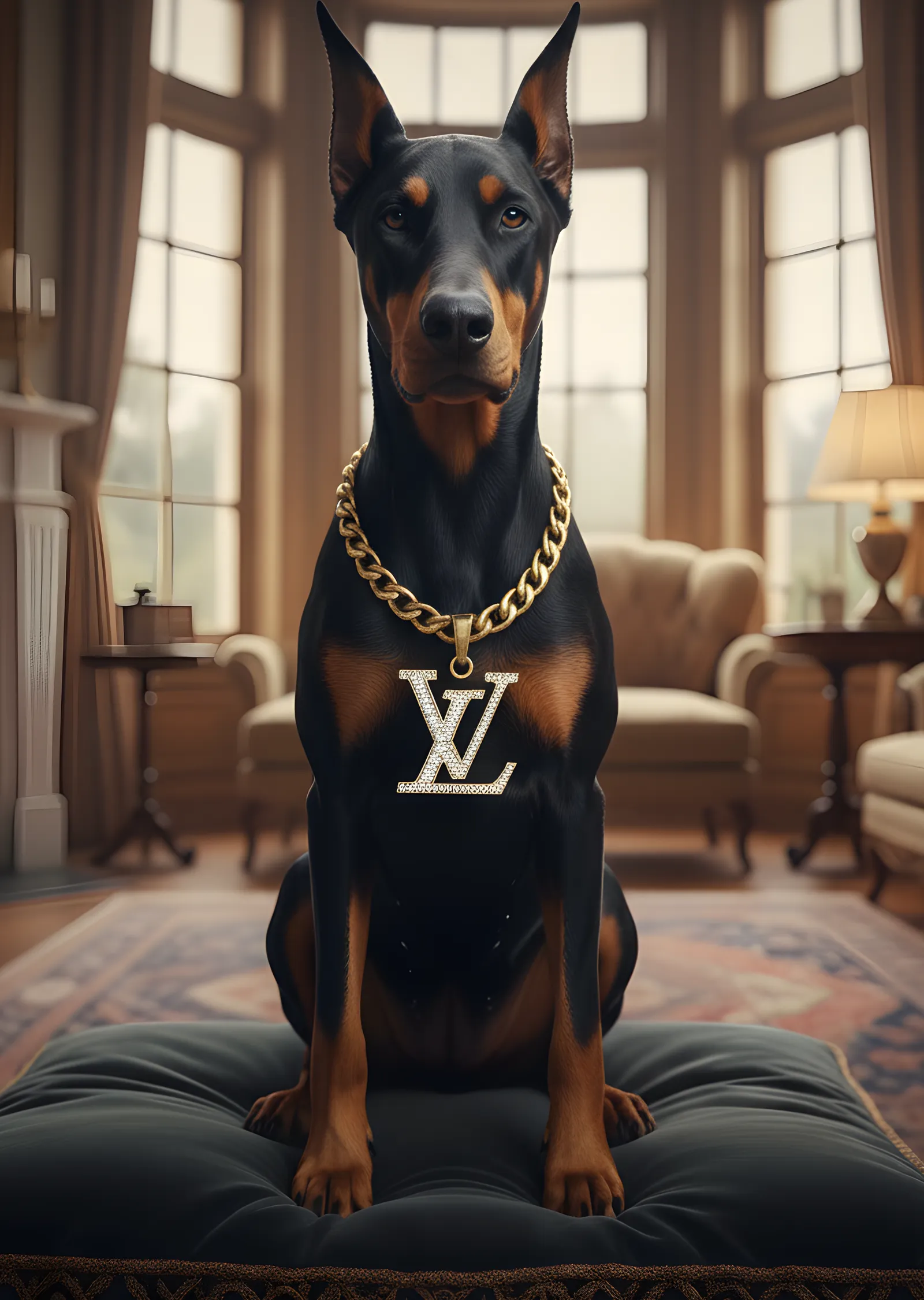Doberman ile Louis Vuitton Zinciri metal tablo