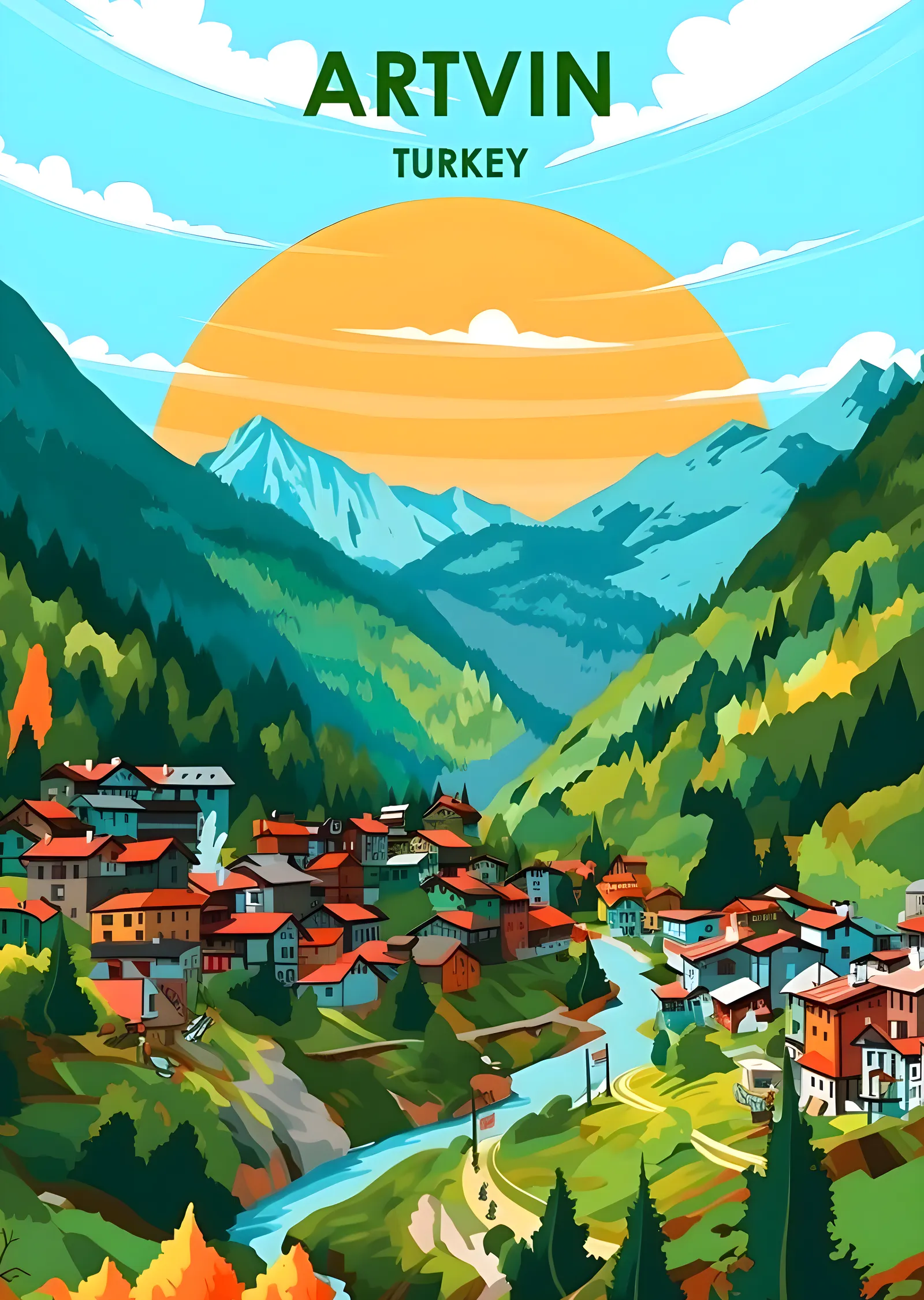 Artvin Turkey: Dağlar ve Evler metal tablo