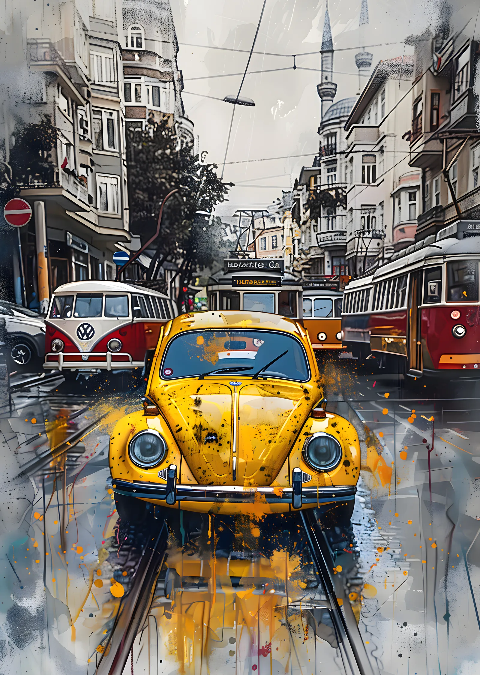 Sarı Volkswagen Beetle ve Tramvaylı Sokak metal tablo