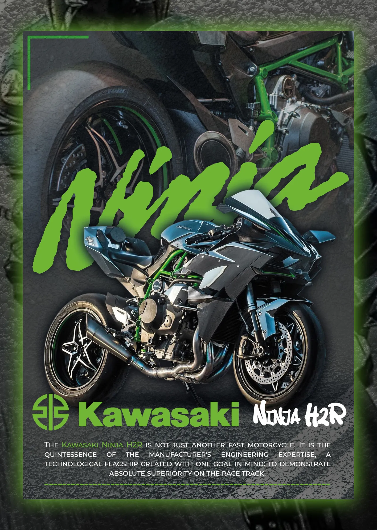 Kawasaki Ninja H2R - Yeşil Çerçeve metal tablo