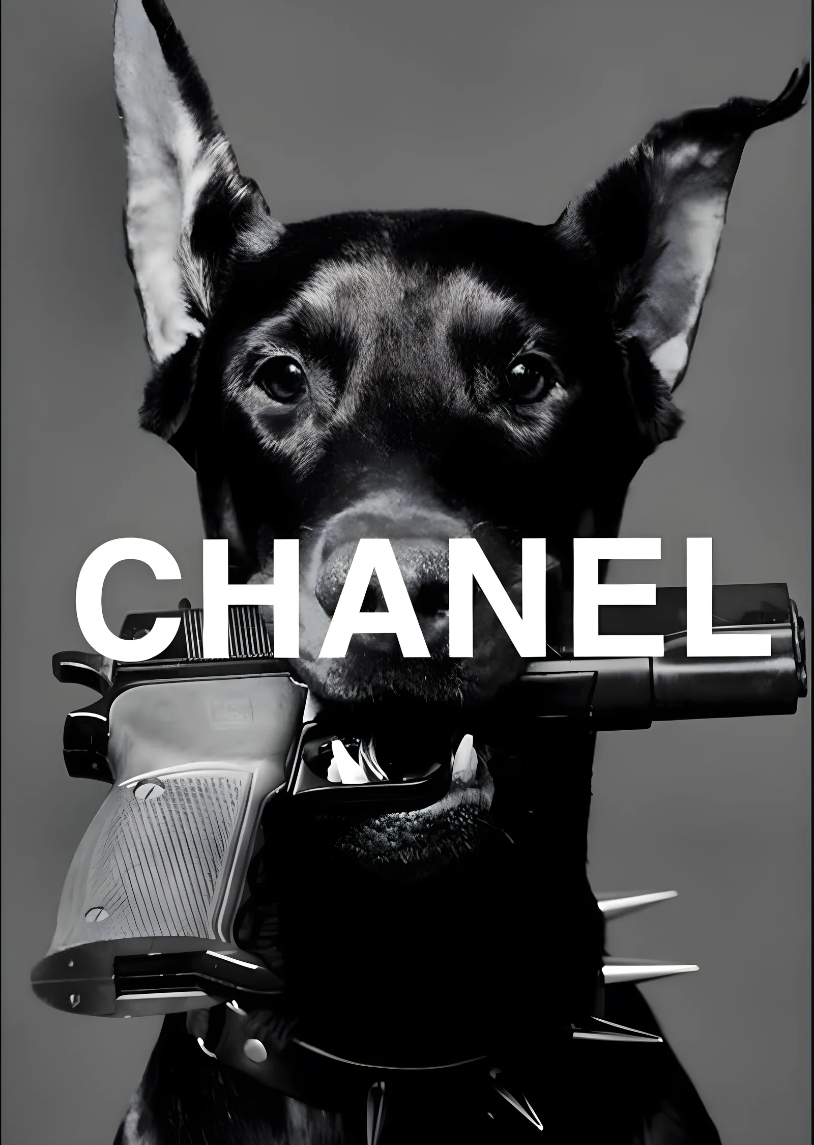 Chanel: Siyah Köpek ve Silah İkonu metal tablo
