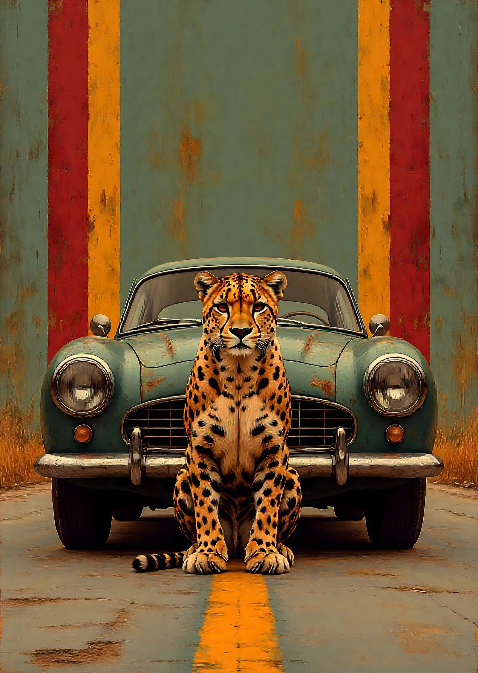 Leopar ve Klasik Otomobil: Vintage Efsane metal tablo