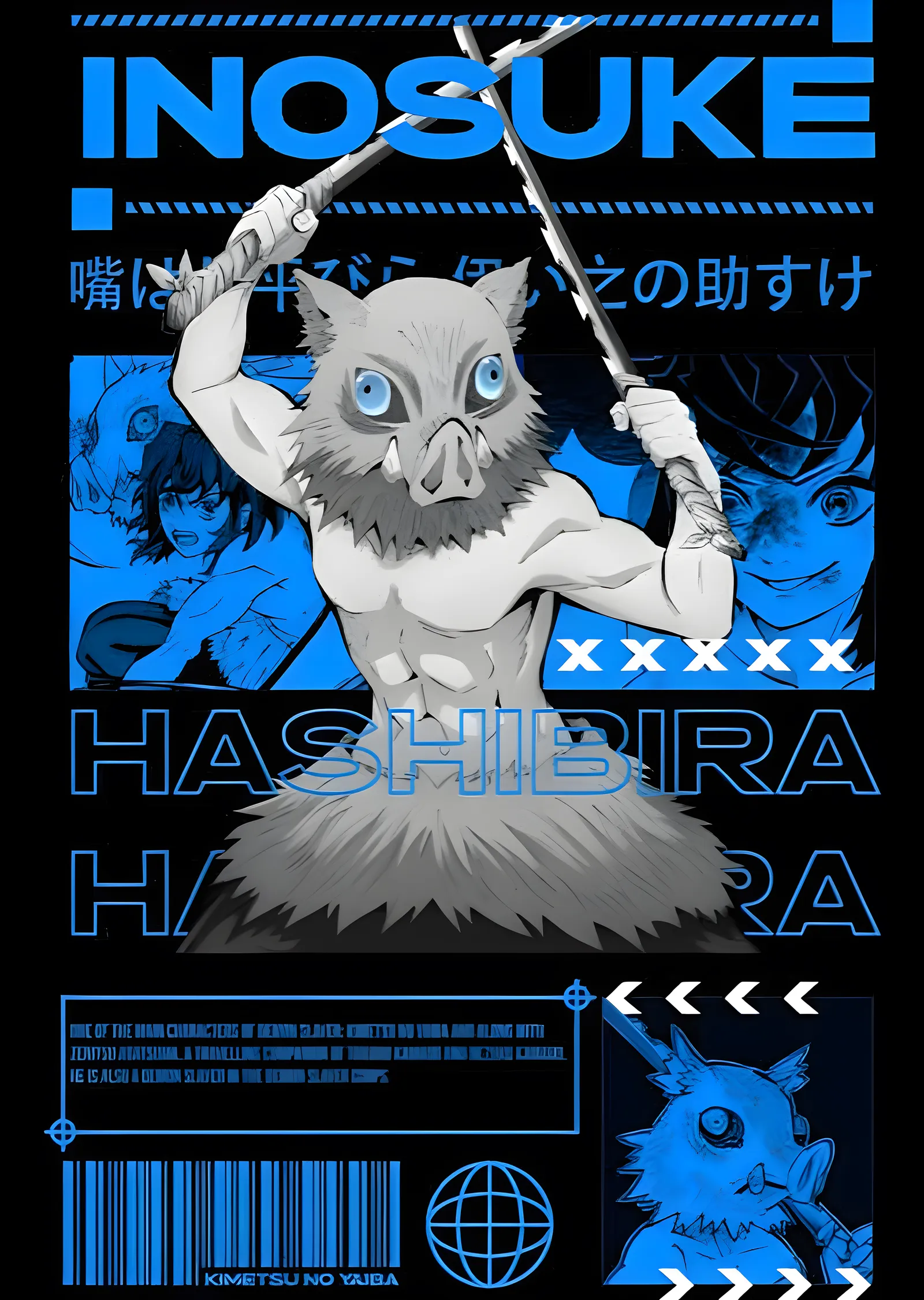 Inosuke Hashibira: Mavi Neon metal tablo