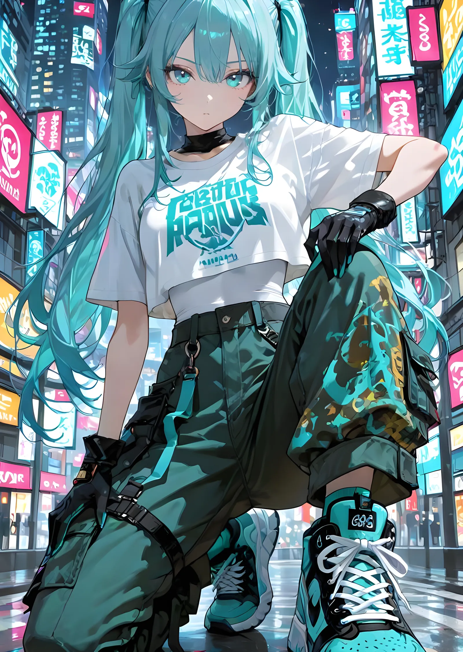 Turkuaz Saçlı Anime Kız - Neon Şehir metal tablo