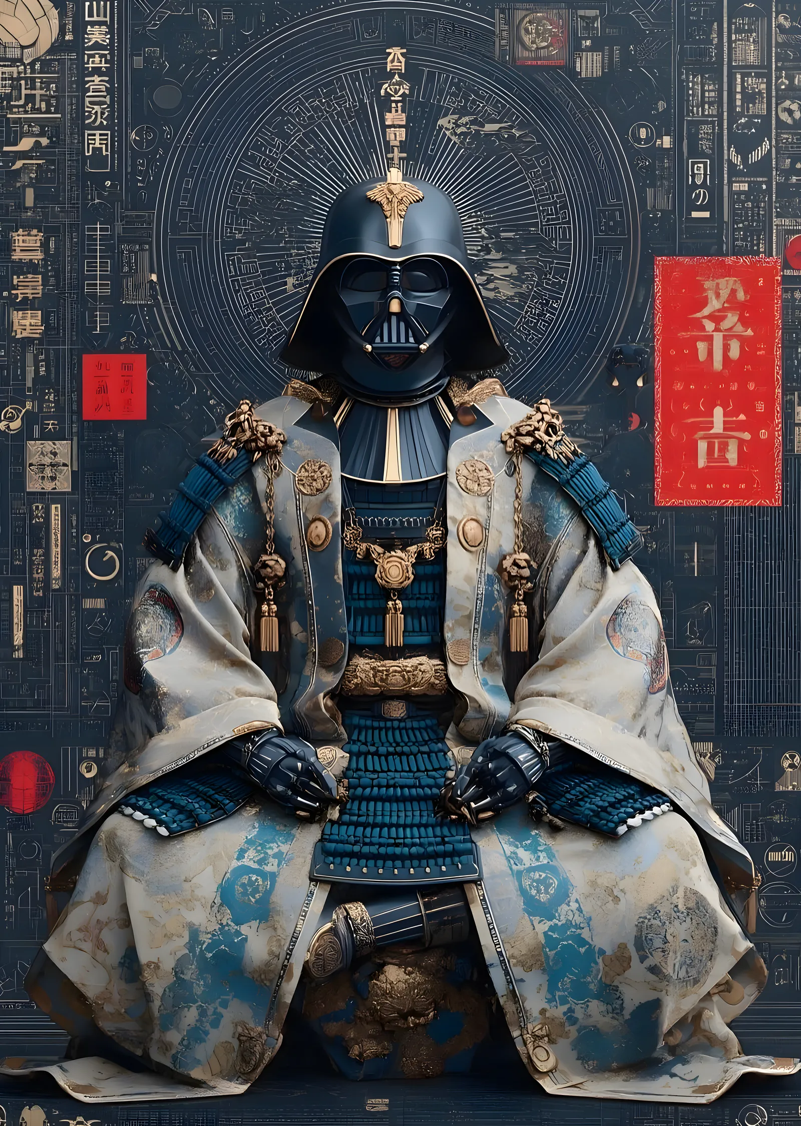Darth Vader Samurai: Lacivert ve Altın Zırh metal tablo