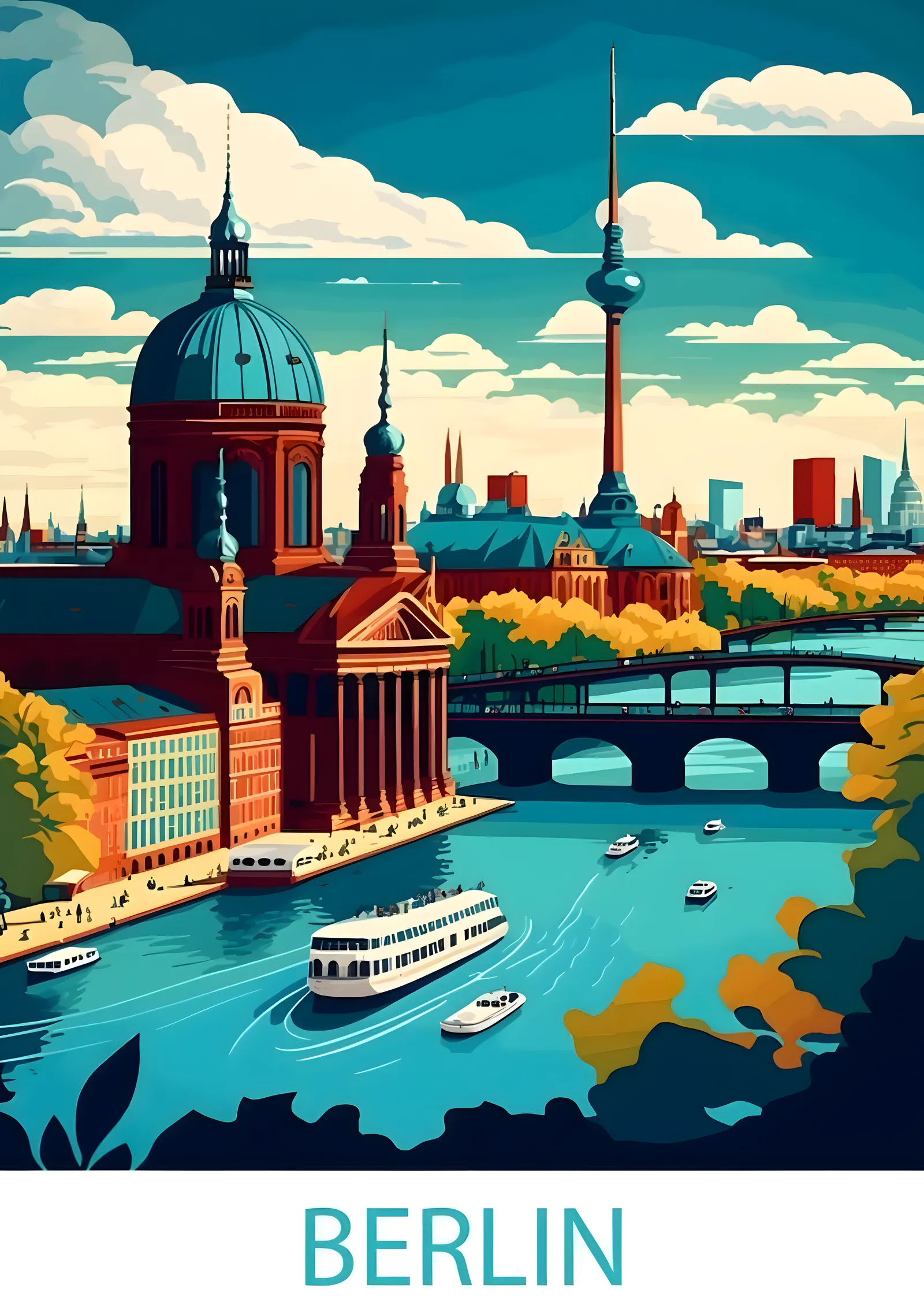 Lacivert ve Turuncu Renklerde Berlin Silüeti metal tablo