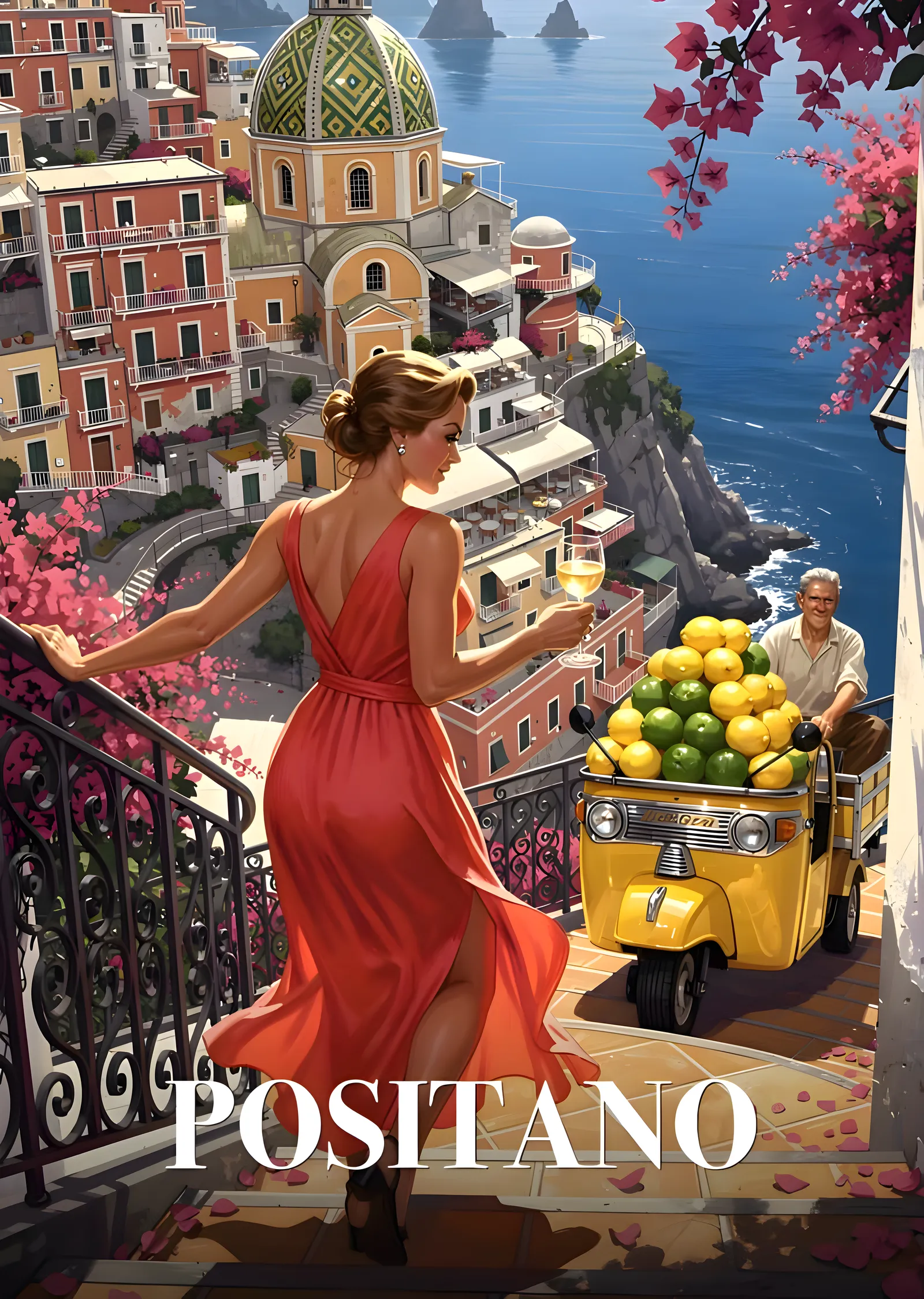 Positano'da Kırmızı Elbiseli Kadın metal tablo