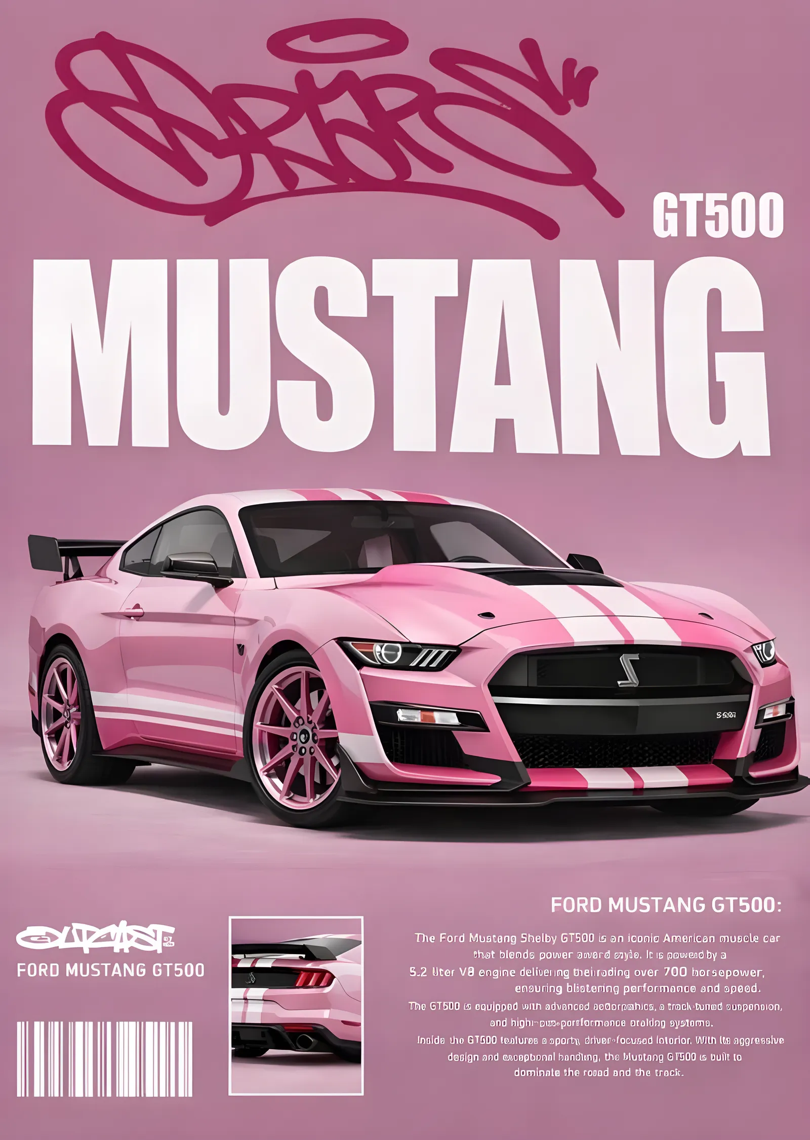Ford Mustang GT500 - Pembe metal tablo