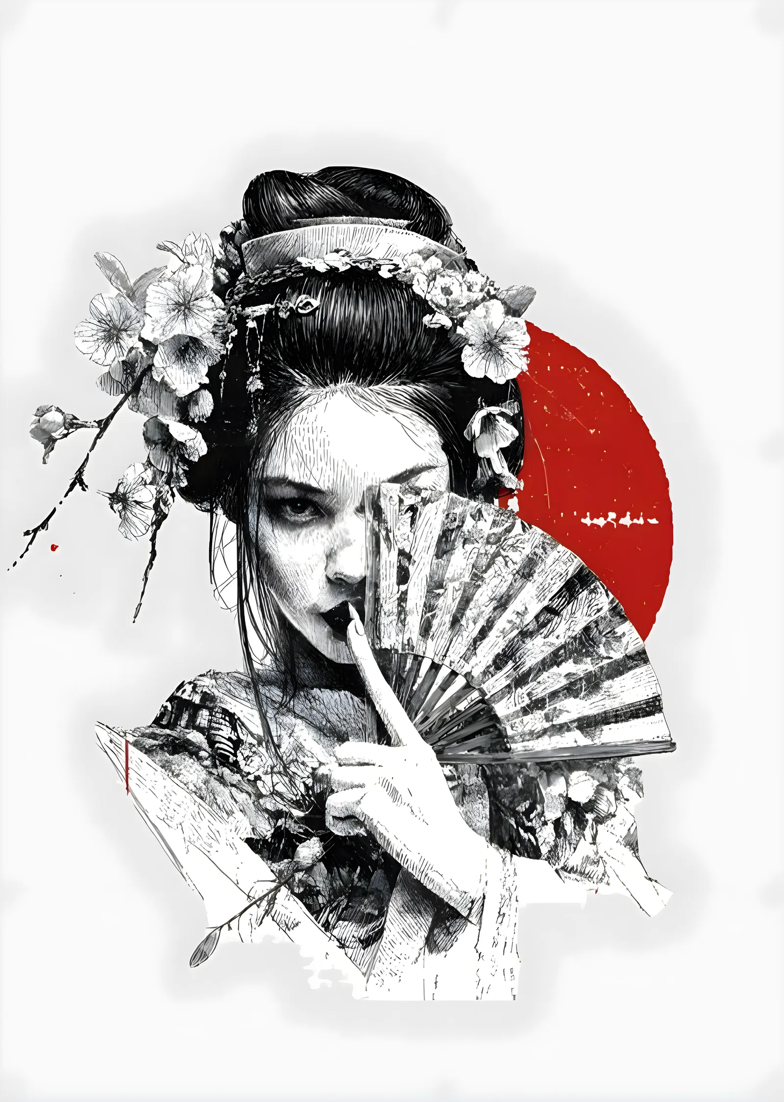 Geisha Portresi: Çiçekli Başlık ve Fan metal tablo
