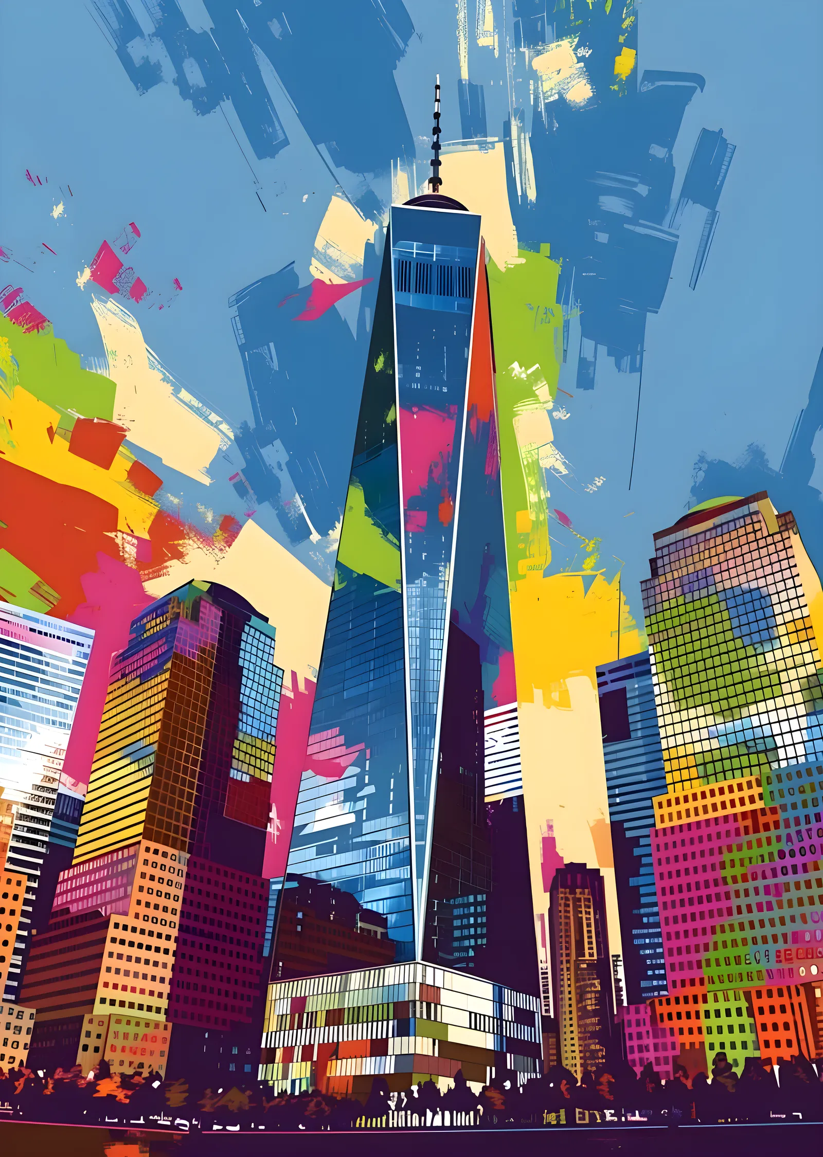 One World Trade Center: Renkli New York İllüstrasyonu metal tablo
