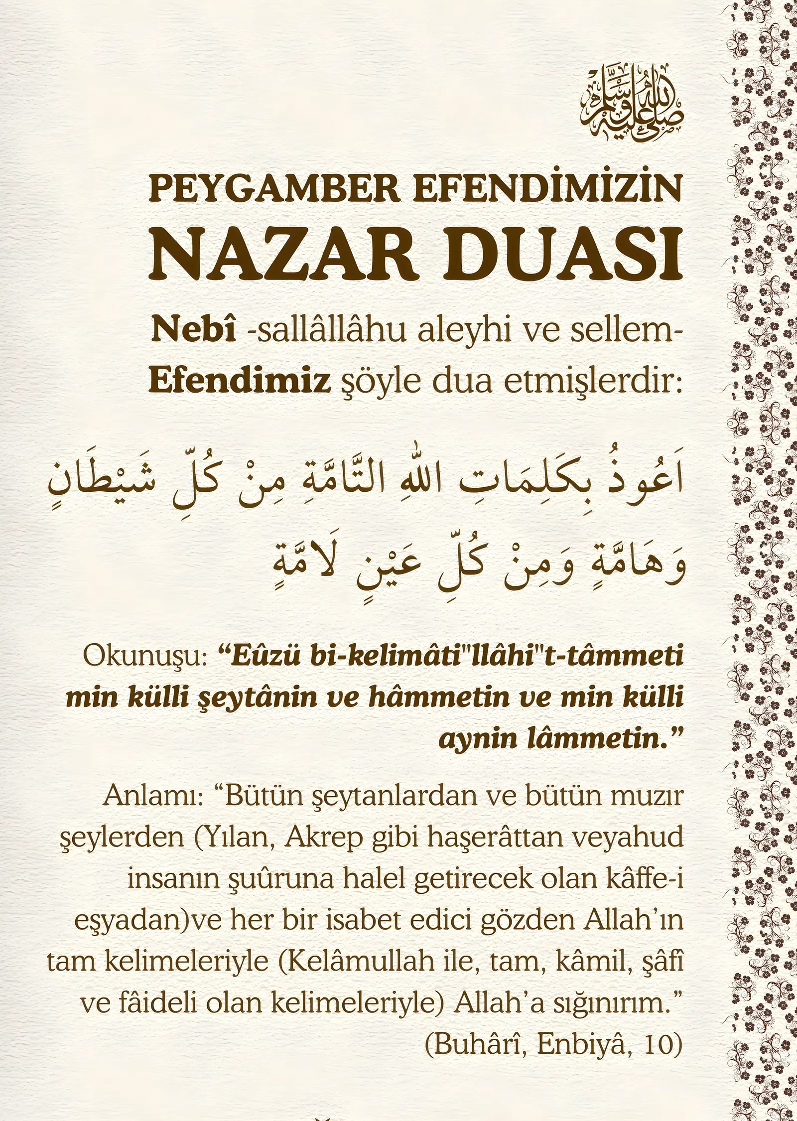 Peygamber Efendimizin Nazar Duası metal tablo