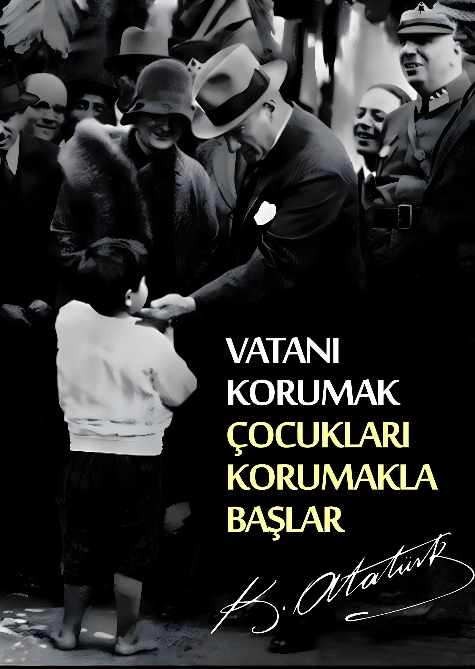 Atatürk: Vatanı Korumak Çocukları Korumakla Başlar metal tablo