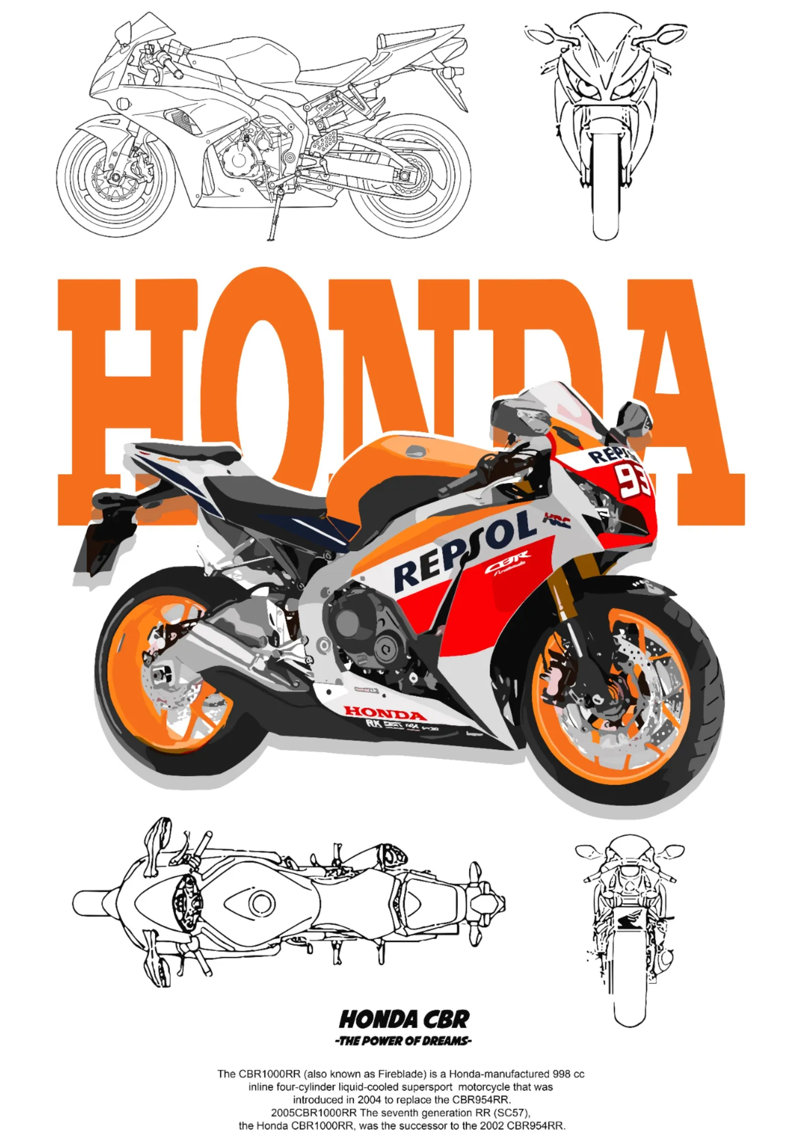 Honda CBR - Repsol ve Teknik Çizim metal tablo