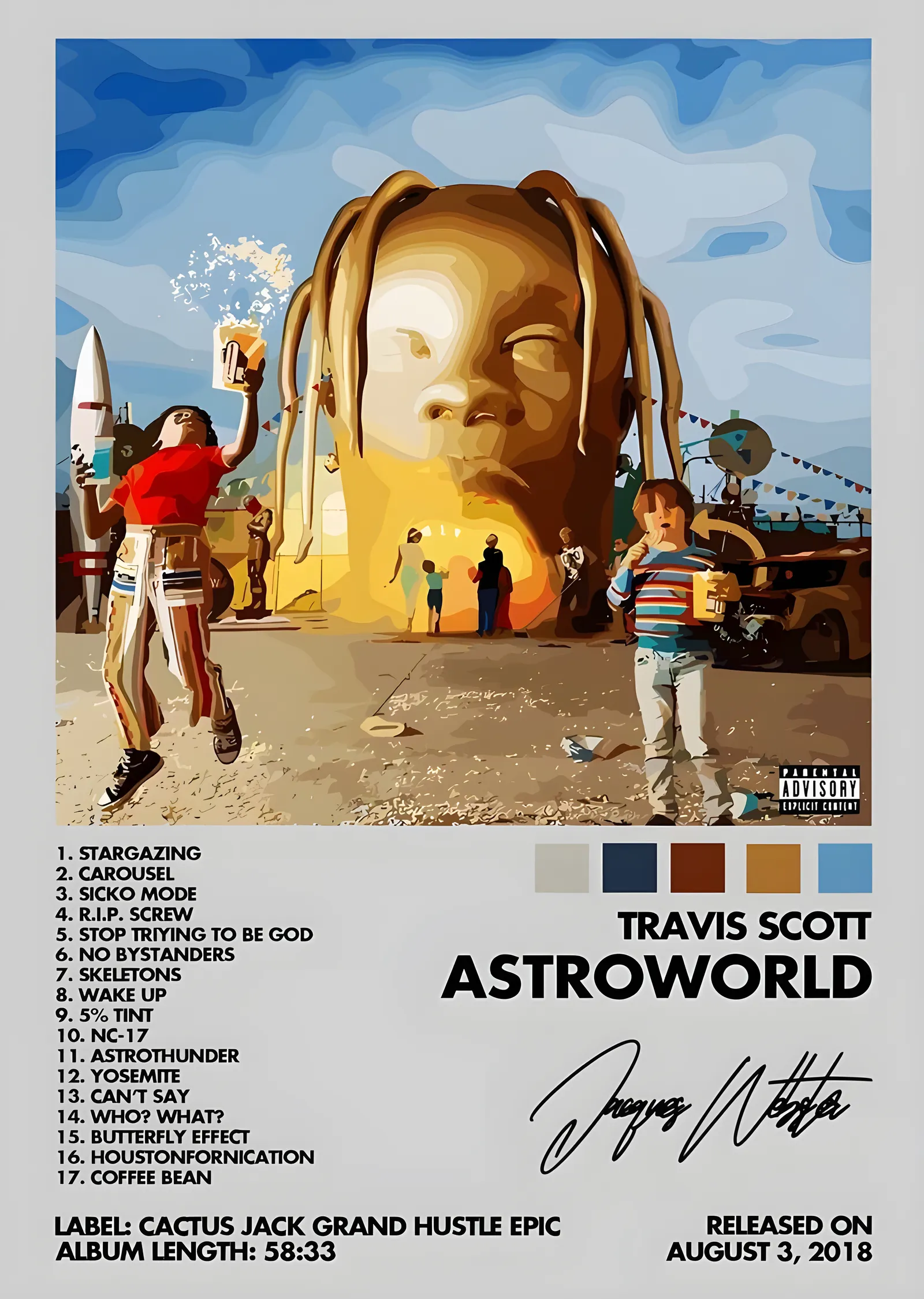 Travis Scott Astroworld - Sarı Dev Baş, Mavi Dalgalar, Çöl metal tablo