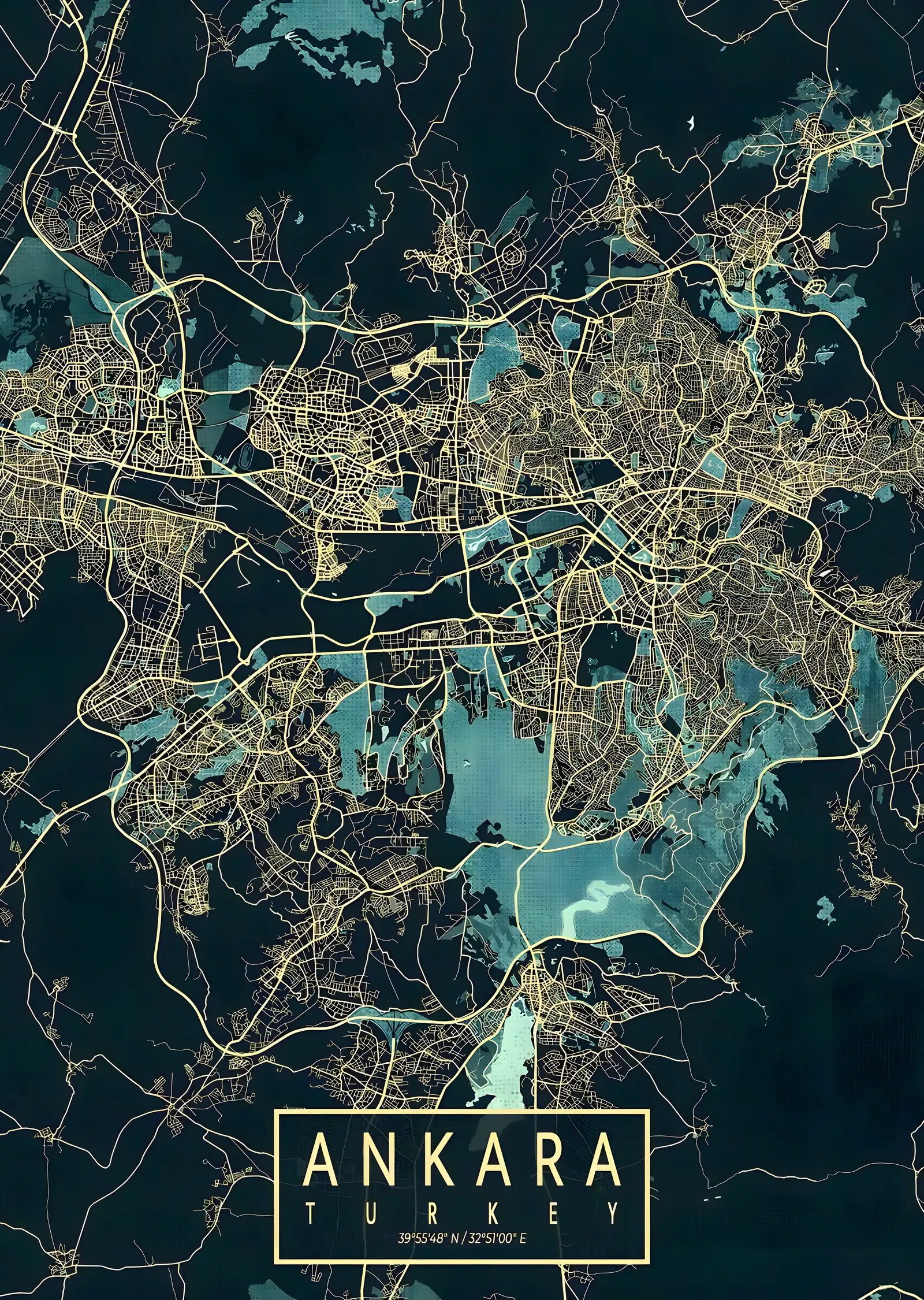 Ankara City Map: Blue and Gold Illustration metal tablo