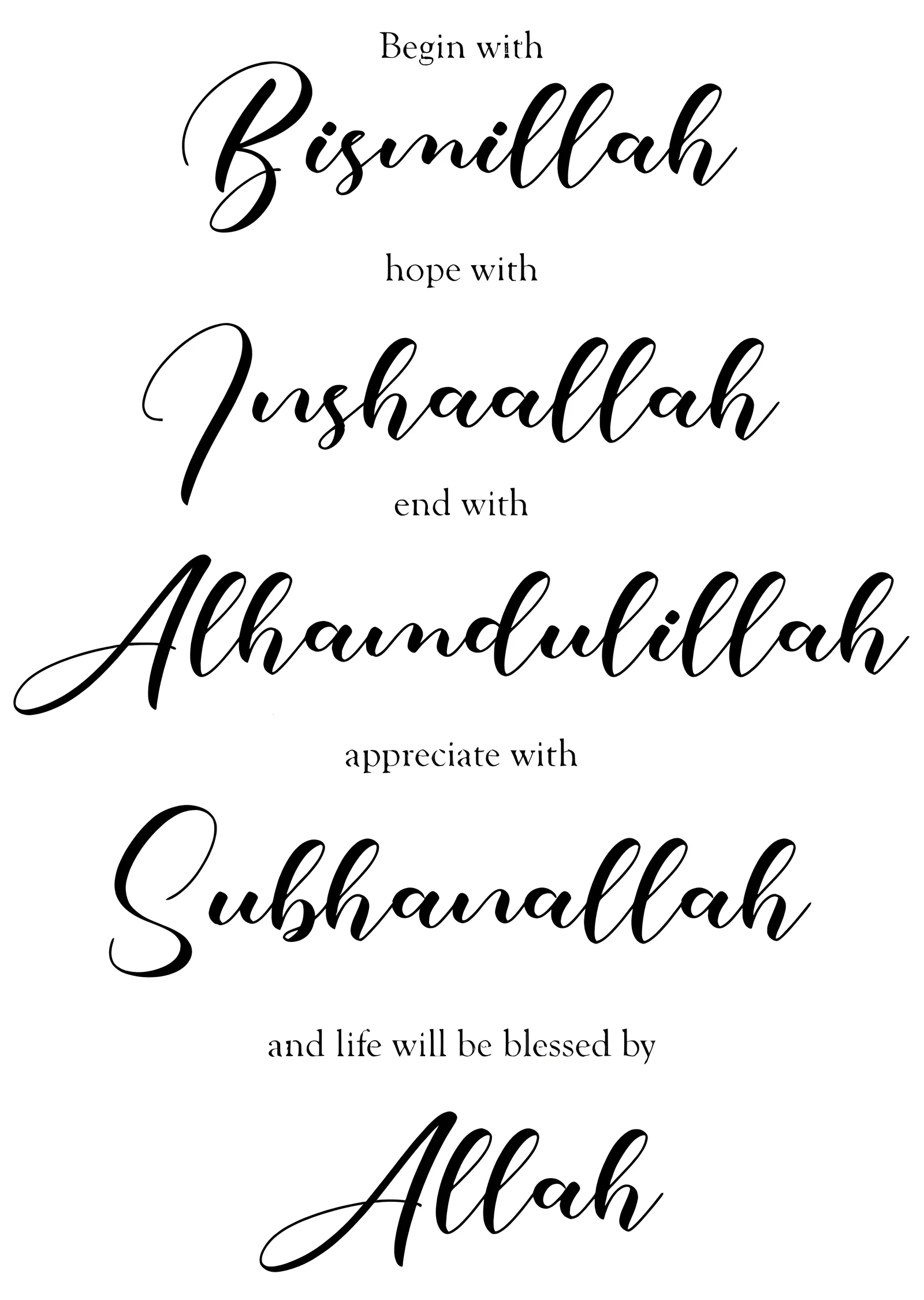 Bismillah, Inshaallah, Alhamdulillah, Subhanallah metal tablo