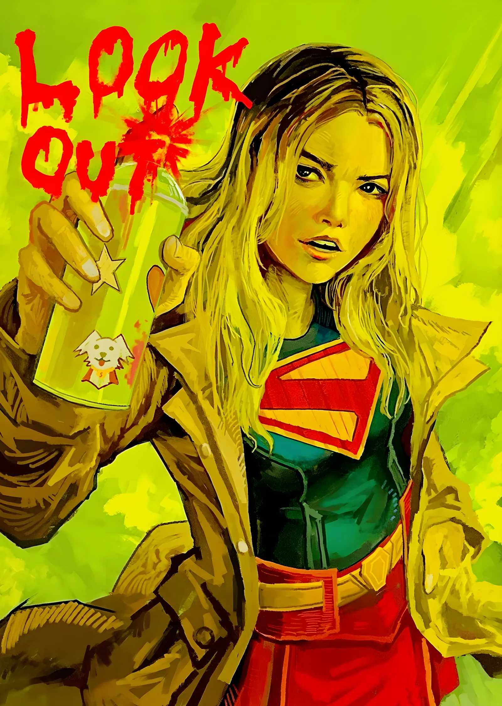 Supergirl - Neon Sarı Çizgi Roman Portresi metal tablo
