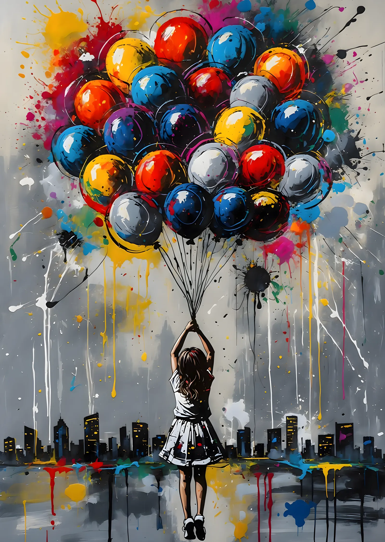 Balonlarla Uçan Kız: Renkli Sokak Sanatı metal tablo