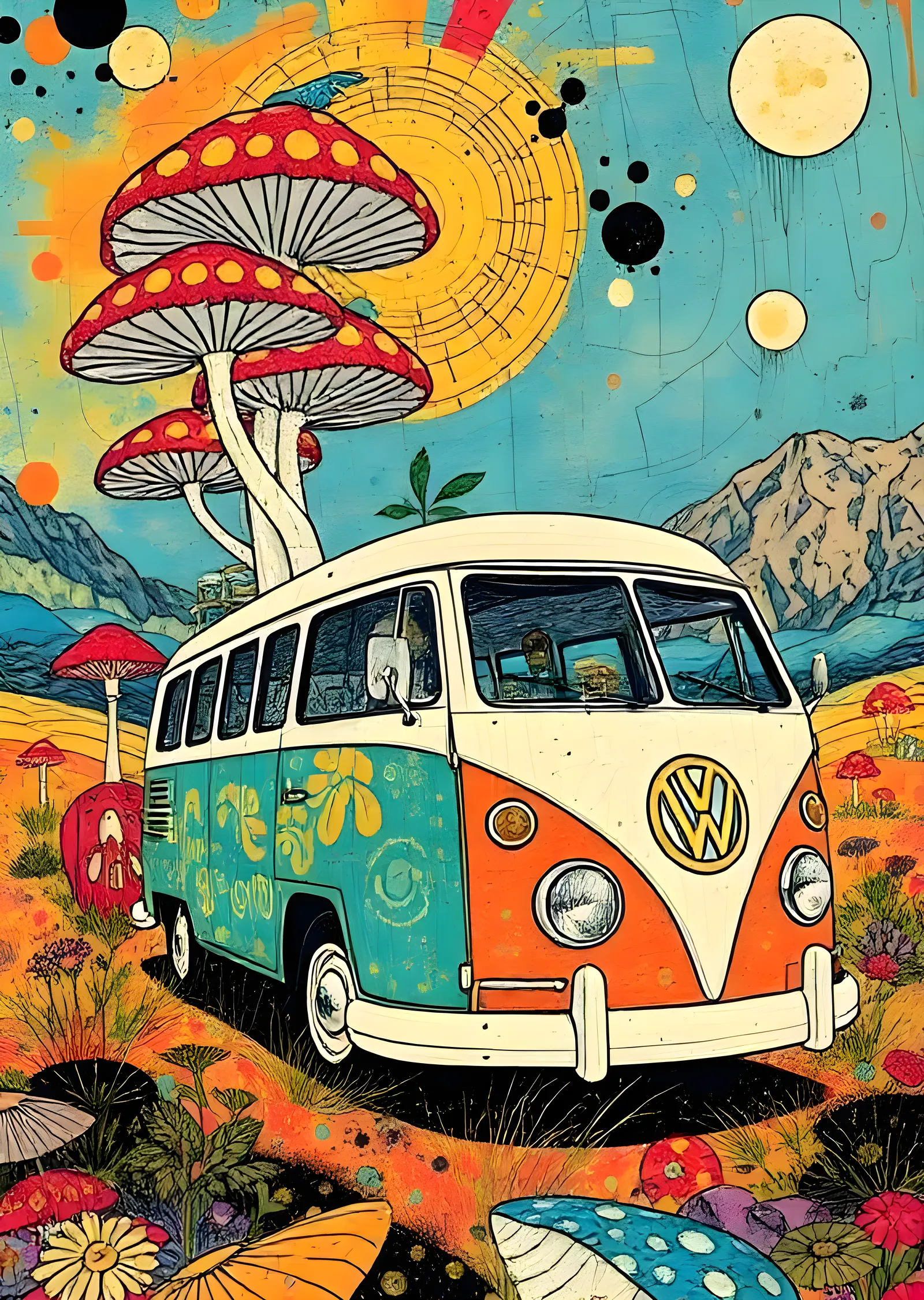 Groovy VW Minibüs: Mantarlı Fantastik Yolculuk metal tablo