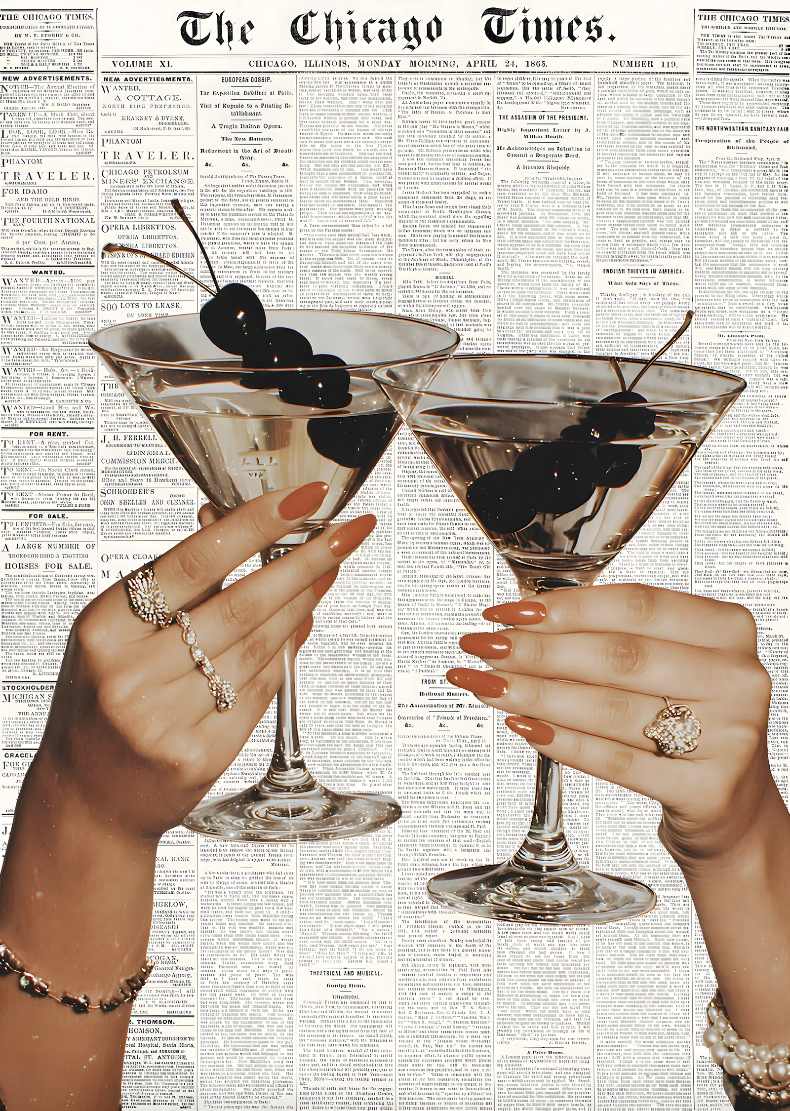 Cherry Martini Cocktail Newspaper Print metal tablo