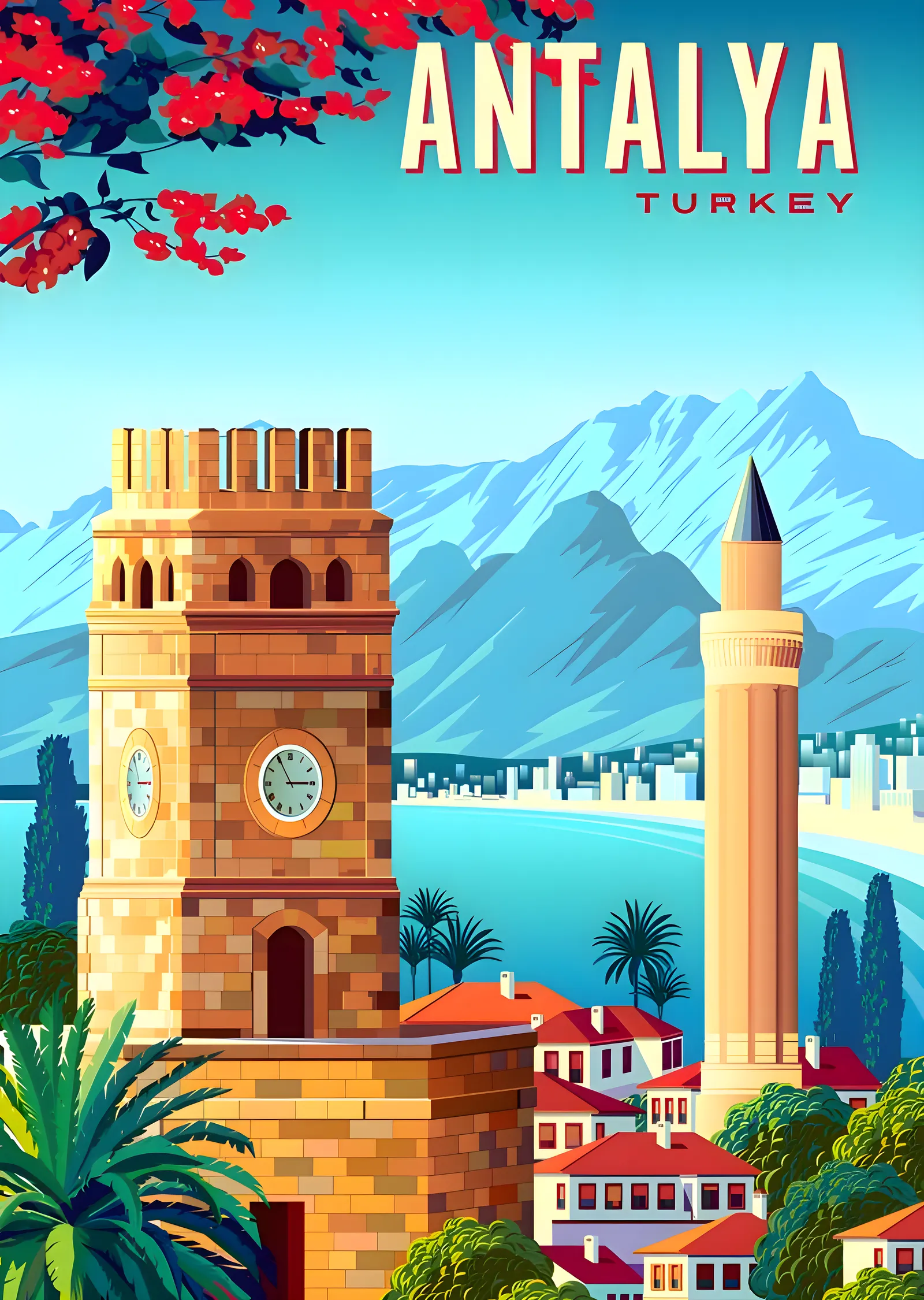 Antalya'da Saat Kulesi ve Dağlar metal tablo