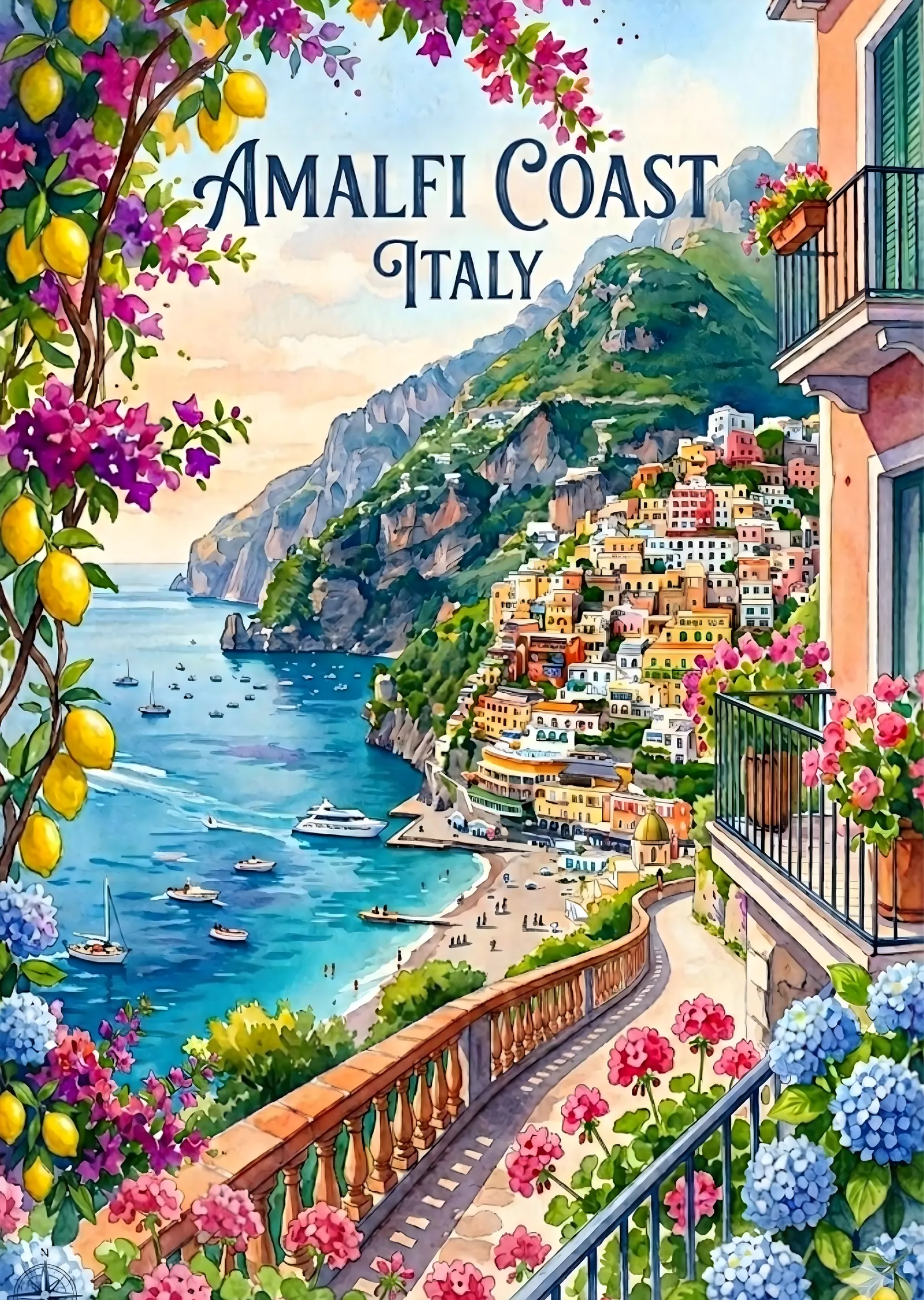 Amalfi Kıyısı, İtalya: Suluboya metal tablo